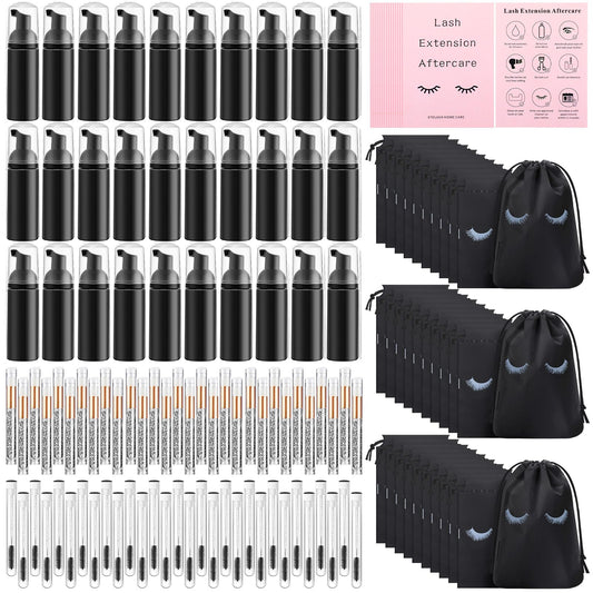 Zhehao 150 Pcs Lash Shampoo Bottle Brushes Set 30 Eyelash Shampoo Dispensers 30 Reusable Aftercare Bag 30 Empty Lash Brushes Pipes 30 Lash Shampoo Brushes 30 Extension Aftercare Cards(Black)