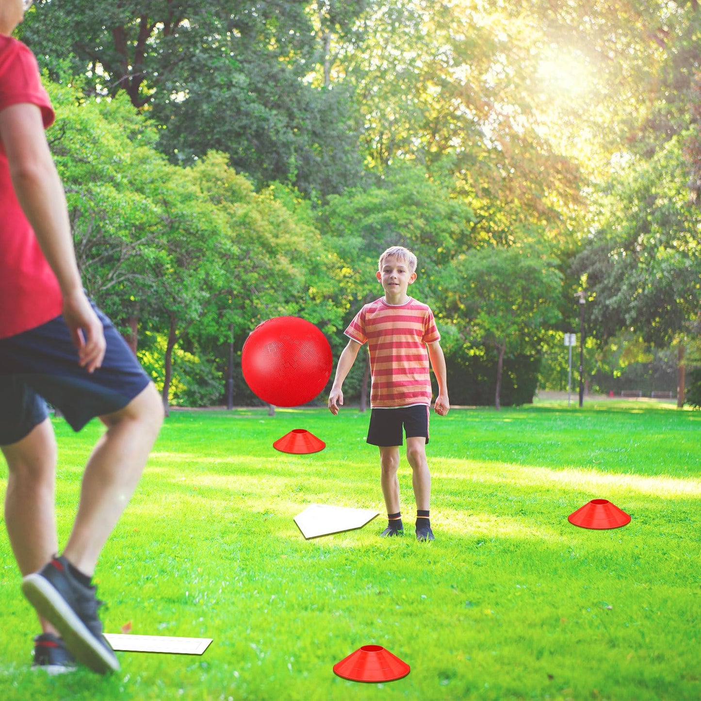 Hiboom 16 Pcs Sports Kickball Set Includes 10 Inches Playground Ball 5 Rubber Throw Down Bases Ball Pump 10 Foul Line Cones for Kids Adults Playground School Backyard Game Camps Picnic (White)