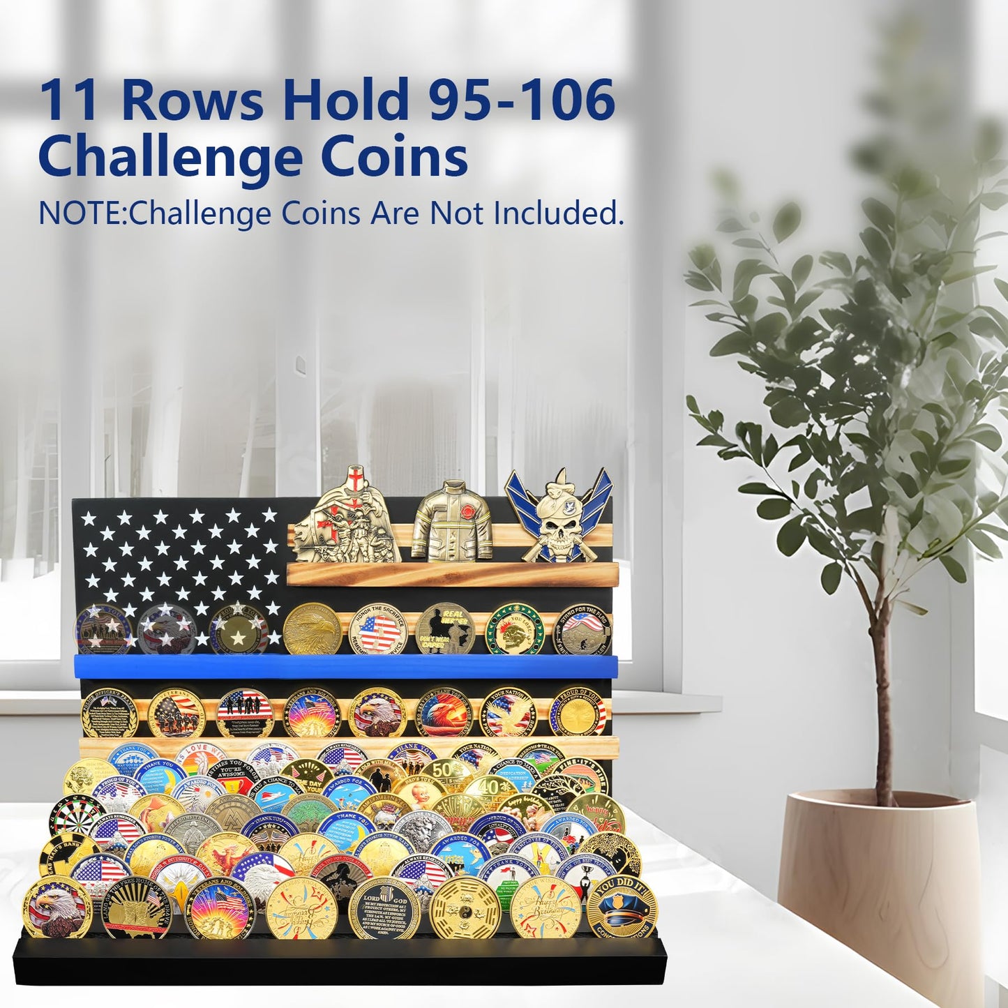11 Rows Challenge Coin Display, Removable Military Coin Holder Display with American Flag, Wooden Coin Display Case Rack Holds 95-106 Coins,Black