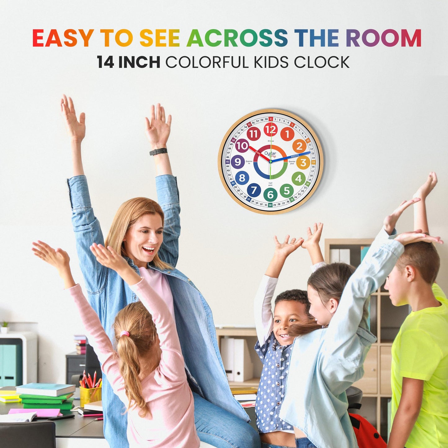 Oyster&Pop Kids Clock - Silent 14" Analog Learning Wall Clocks - Award-Winning Telling Time Teaching Clock for Kids - Large for Classrooms Homeschool & Bedrooms - Includes eBook