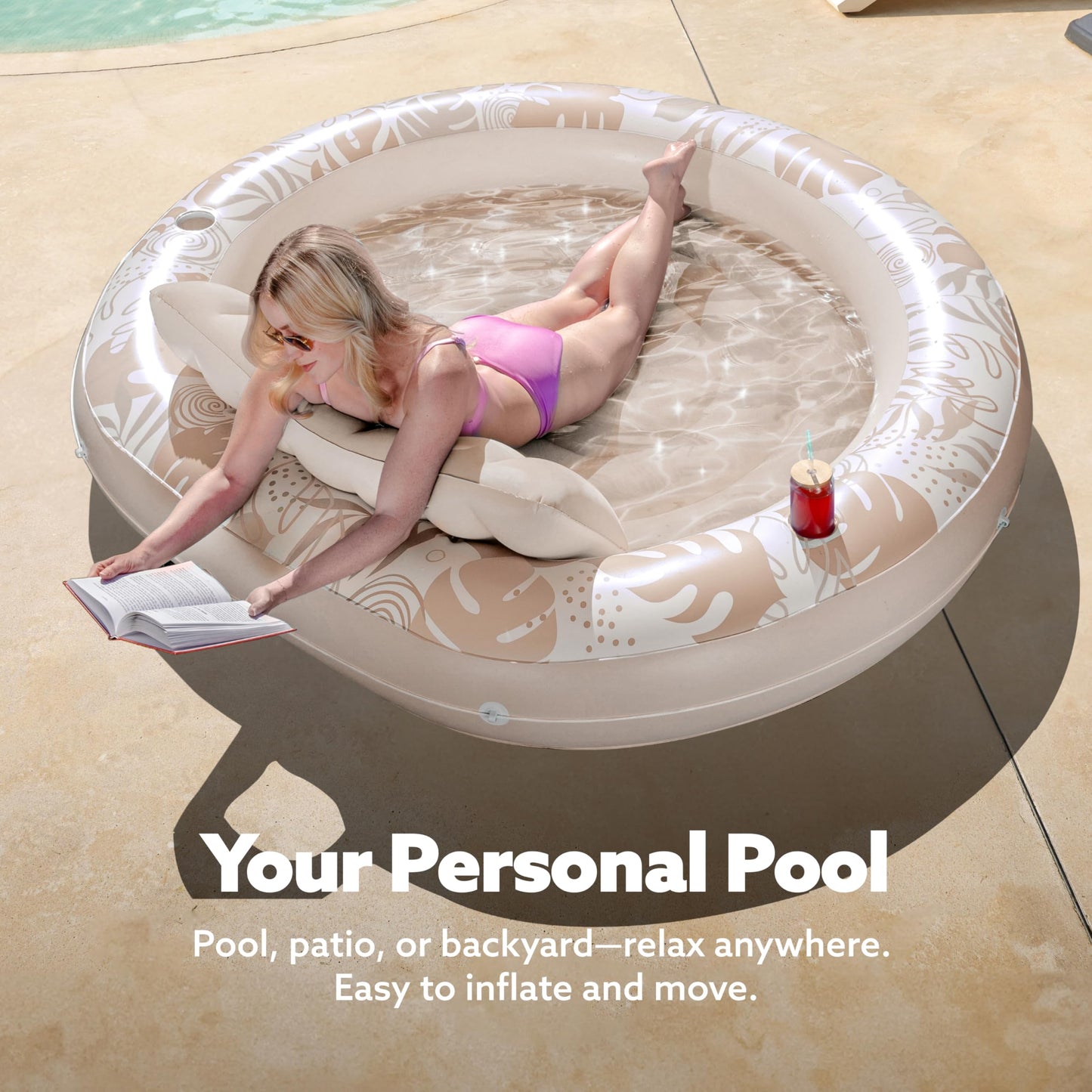 SLOOSH Inflatable Tanning Pool Lounger Float,72" x 65" Pool Floats Adult with Pillow,Luxury Fabric Large Suntan Tub Raft Floatie,Sunbathing Bed Lounge for Water Blow Up Party Gifts,Champagne