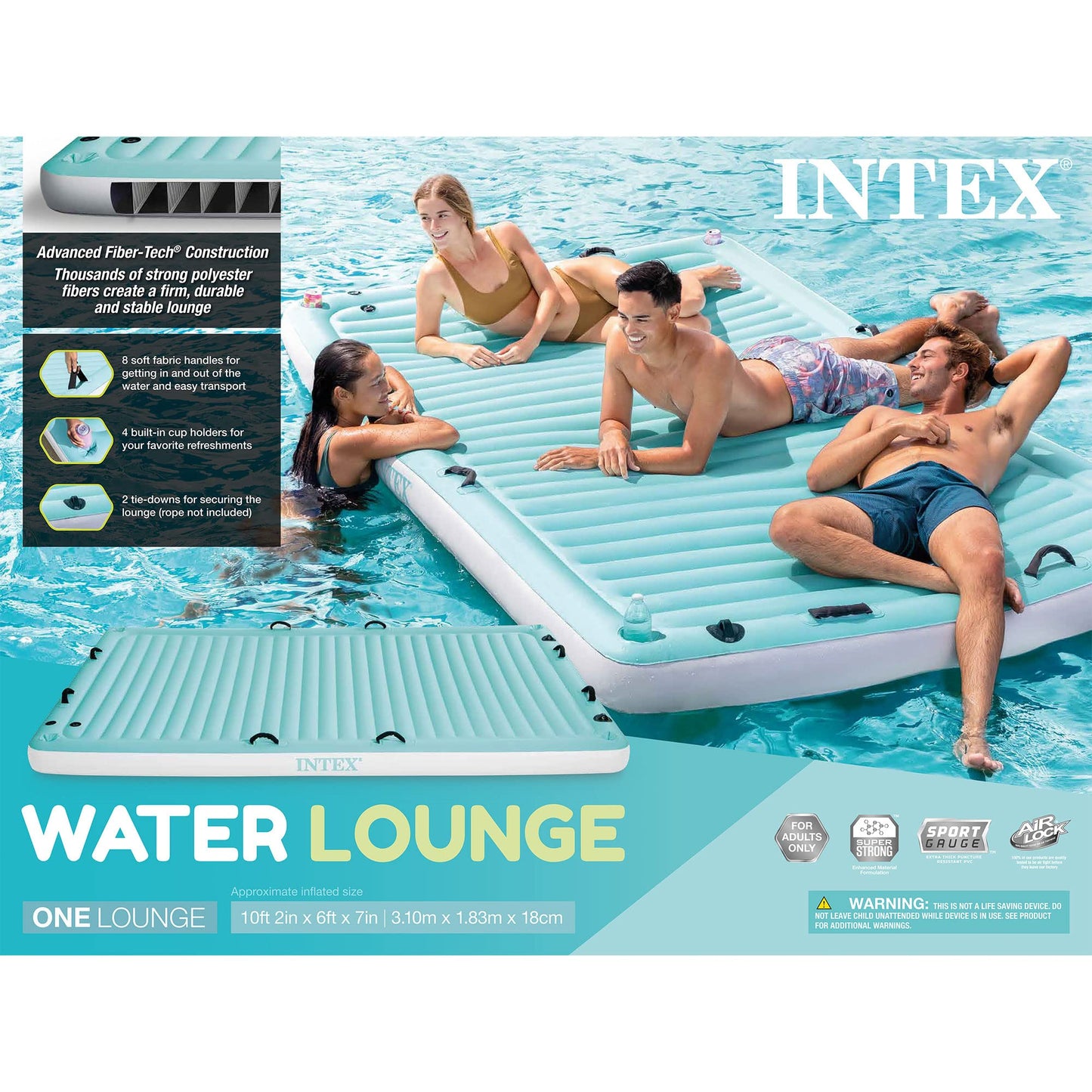 INTEX 56289EP Inflatable Floating Water Lounge: Soft Fabric Handles – Built-In Cup Holders – Secure Tie-Downs – 880lb Weight Capacity – 122" x 72" x 7"