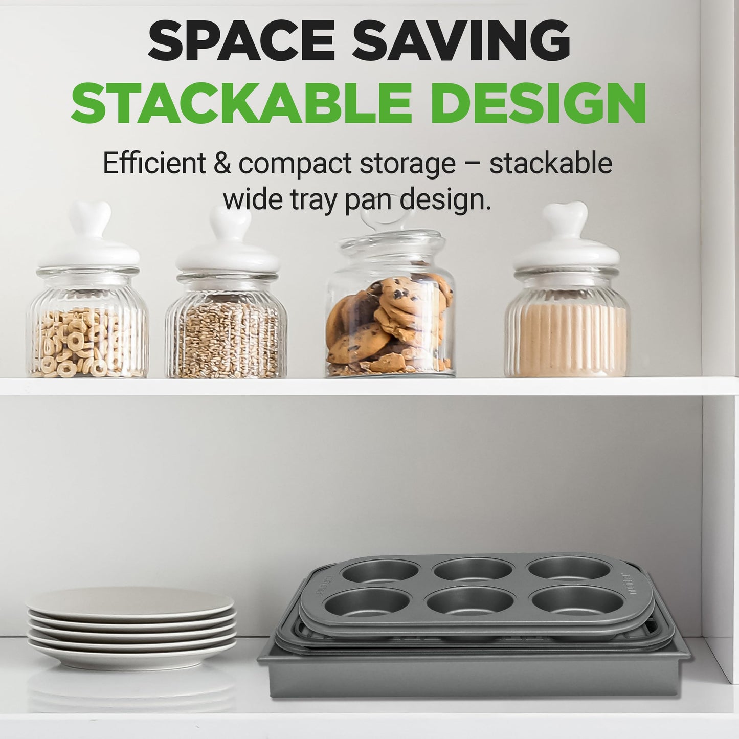NutriChef 6-Piece Toaster Oven Bakeware Set, Compact Non-Stick Stackable Baking Pan Set with Muffin Pans, Roasting Tray & Baking Sheets, Durable Stain-Resistant Carbon Steel Design for Toaster Ovens