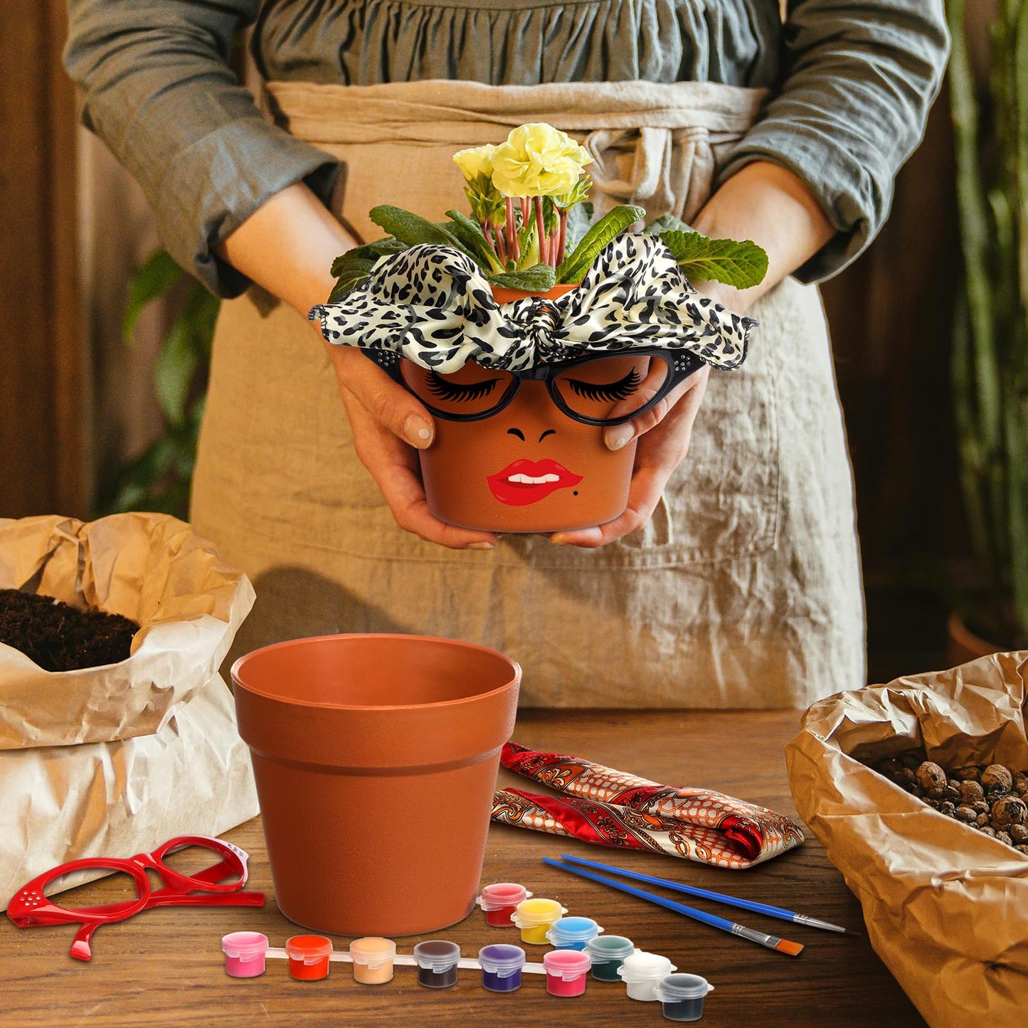 Sliner 6 Set Funny Flower Pot Kit Cute Flower Growing Making Kit Soul Sister Face Head Planter Set Include 5.5" Plastic Plant Pots Glasses Silk Scarf Acrylic Paint for Art Painting DIY Crafts