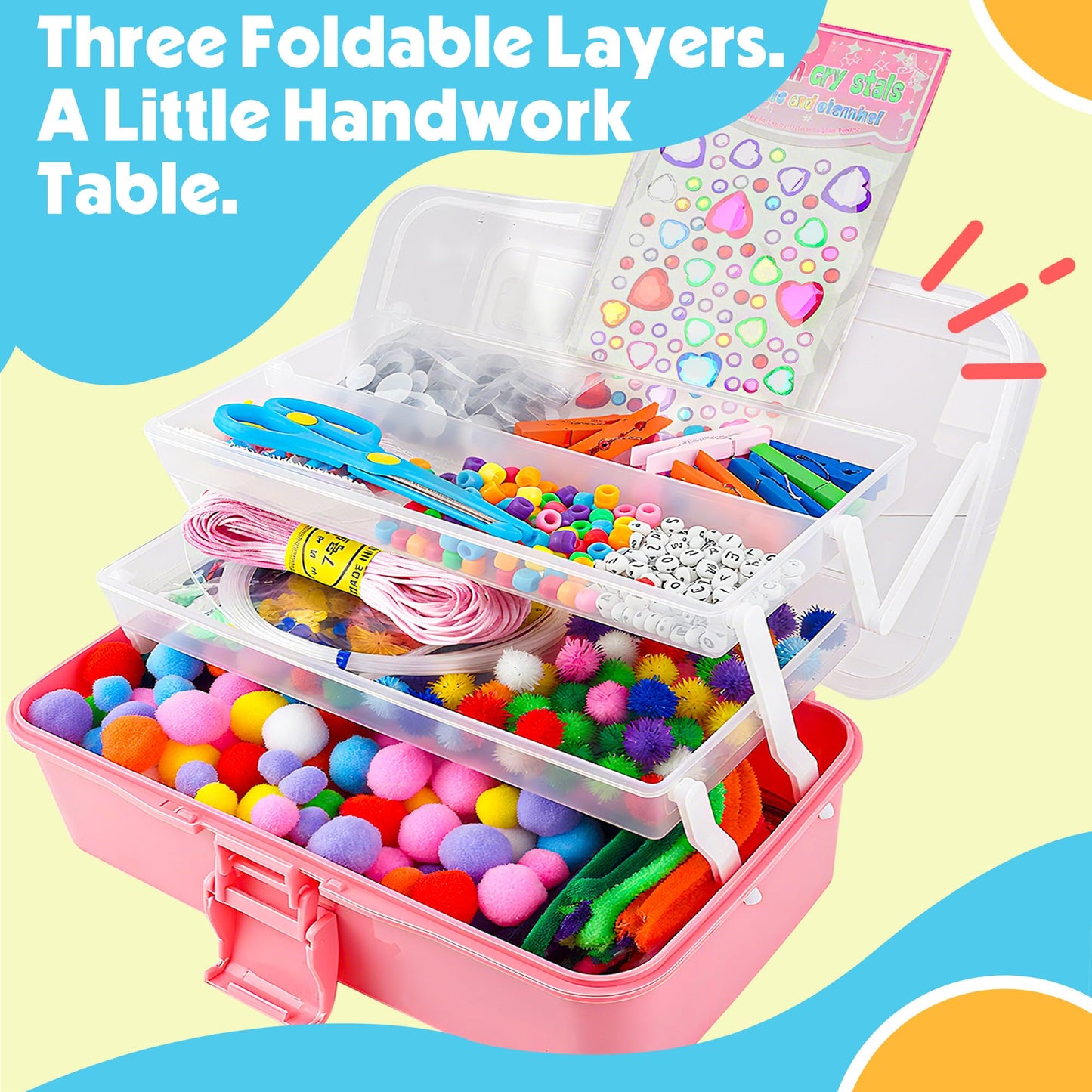 SMILESSKIDDO Arts Craft Supplies for Kids - 1000+ PCS Toddler DIY Craft Art Supply Set, Portable 3 Layered Folding Storage Box School Craft Projects - Gifts for Girls Crafts for Girls Ages Pink