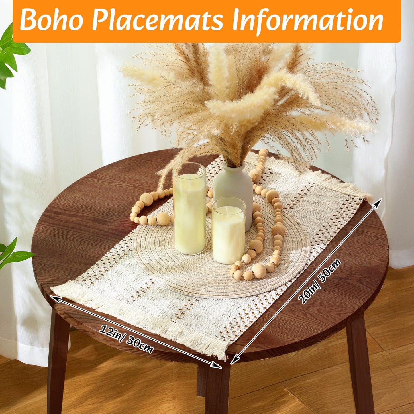 Gandeer 6 Sets Boho Placemats Round Woven Placemats, Cloth Napkins, Wood Bead Napkin Rings, Long Table Runner and Farmhouse Rustic Natural Burlap Cotton for Kitchen Dining Table Home (White)