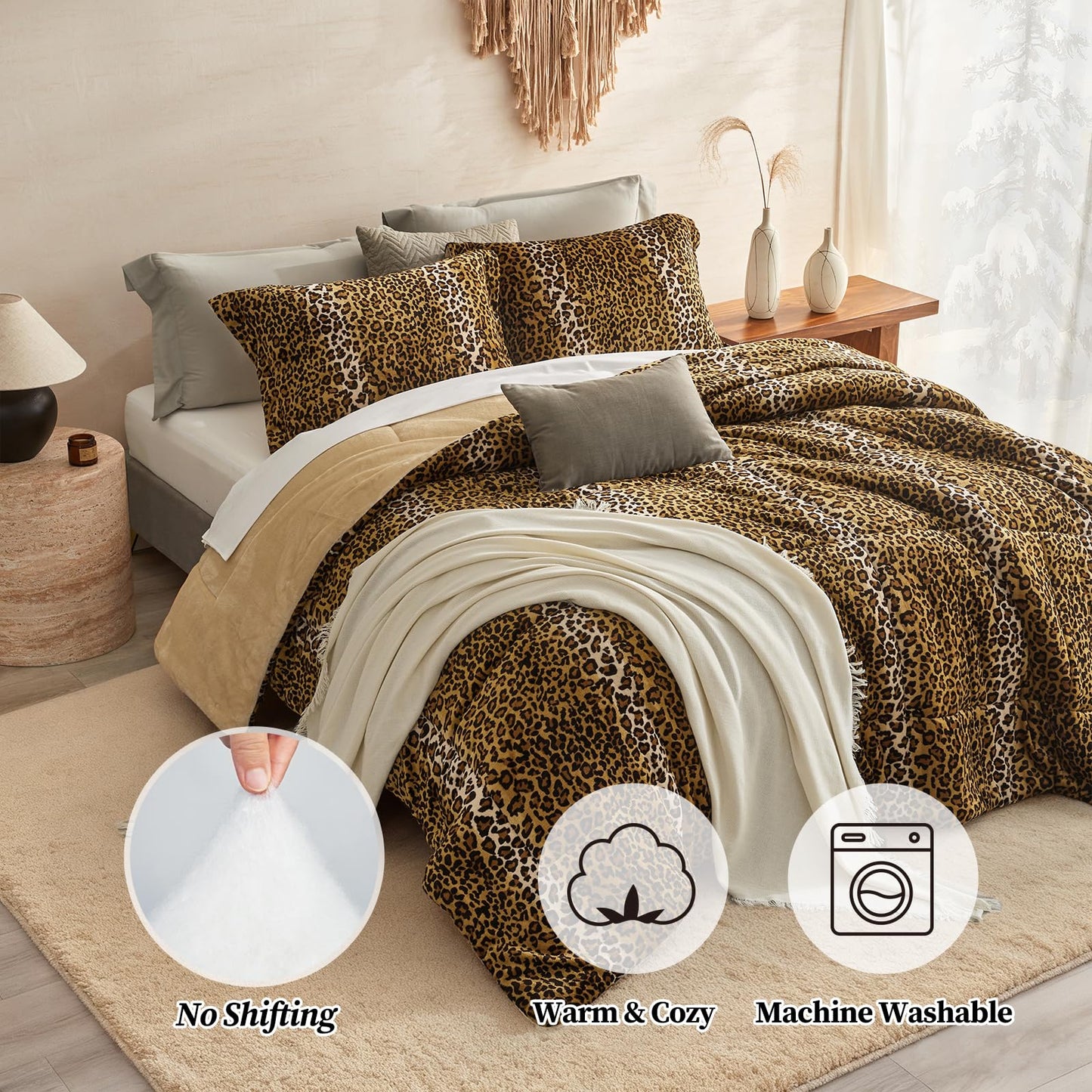 Petrichor Leopard Velvet Flannel King Comforter Set-Cheetah Print Western Blanket,Luxury Fuzzy Heavy Bedding Set,3 Pieces Plush Winter Bed Set with Comforter (90"x104")&2 Pillow Shams (20"x36"
