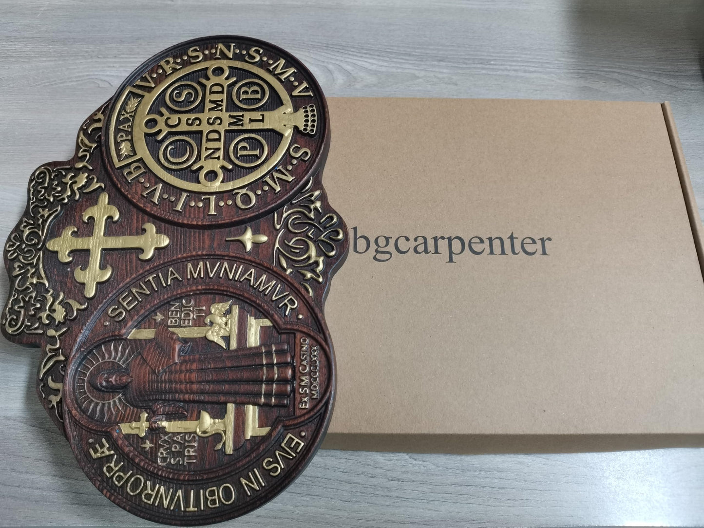 bgcarpenter Wooden Saint Benedict Plaque, St Benedict Medal Wall Decor Wall Art, Handmade Wall Hanging Sign, Religious Wall Plaque for Living Room Bedroom Kitchen - 16 Inch