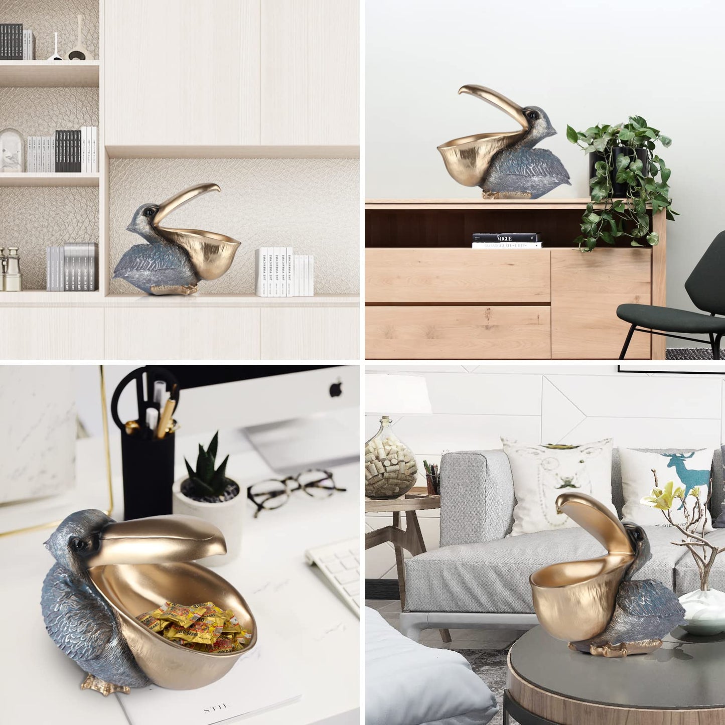 PlivBloom Pelican Key Holder Statues,Fun Animal Hippo Candy Dish,Candy Dish for Office Desk Unique,Modern Key Holder for Pelican Figurine,Suitability Desk candy bowl and Entry Table Decor Items(Silver