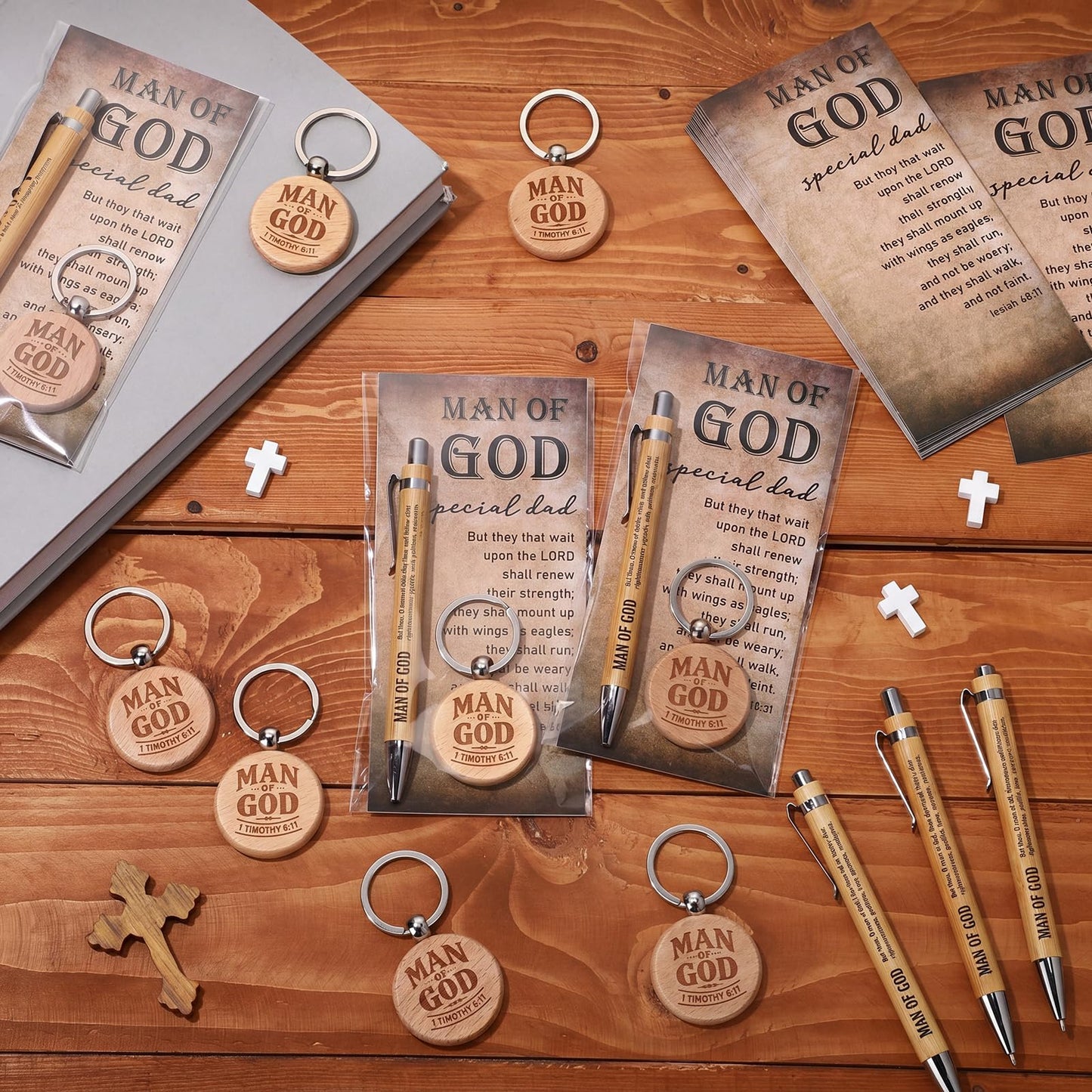 Chiisong 40 Sets Christian Gifts Bulk for Fathers Day Church Man of God Keychain Bible Verse Pen with Scripture Cards for Godfather (Rotundity)