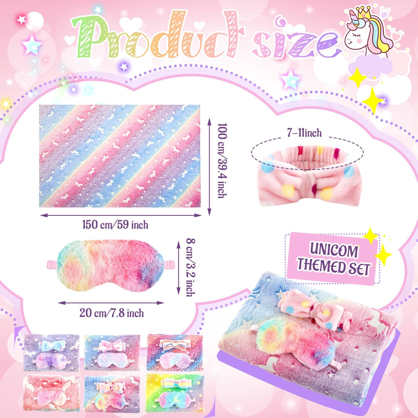 Fanfanwin 18 Pcs Sleepover Party Supplies for Girls, 6 Glow in The Dark Pink Blanket 6 Coral Fleece Spa Headband 6 Plush Eye Mask Covers for Sleeping Slumber Sleepover Spa Party Gift(Cute)