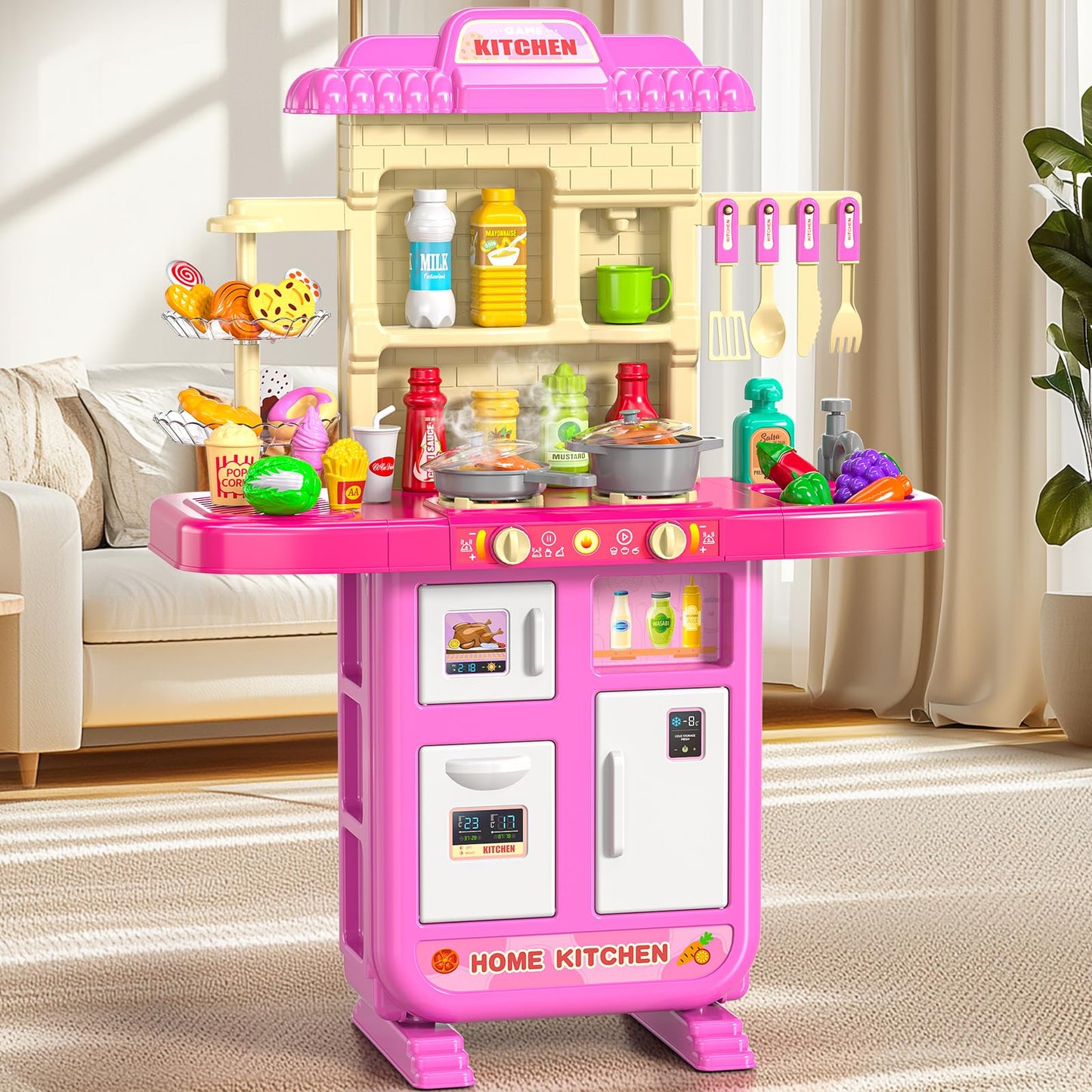 MSKOLER 36 in Kids Kitchen Playset for Ages 2-6 4-8, Play Kitchen with Light, Sound and Spraying, Sink Toy Accessories, Cooking Stoves, Pretend Food Toys for Toddlers 1-3 3-5 Boys Girls 6-12 (Pink)