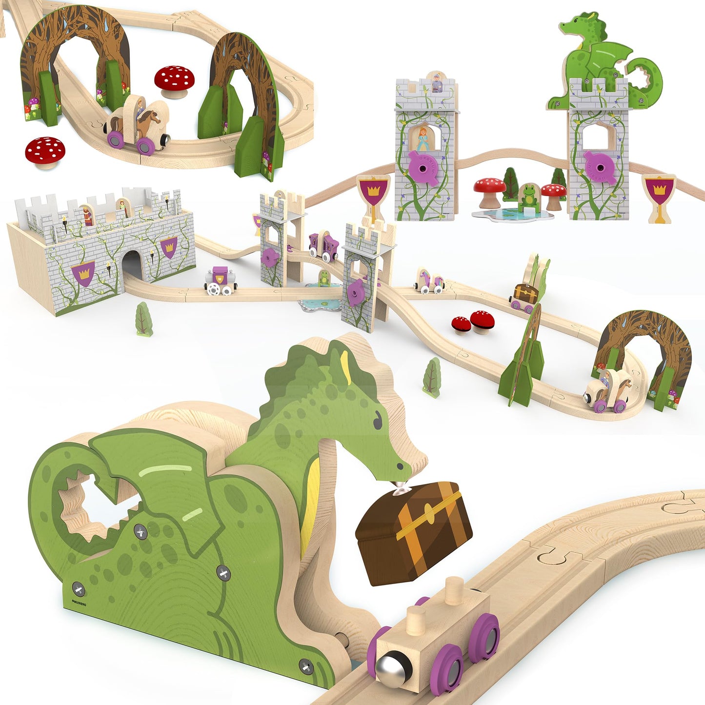 ORBRIUM 68 Pcs Fantasy Kingdom Adventure Wooden Train Set in Wooden Storage Box Unisex Children Toys Girls Boys 3 4 5 6 7 Years Compatible with Thomas, BRIO, Melissa and Doug, Imaginarium, IKEA
