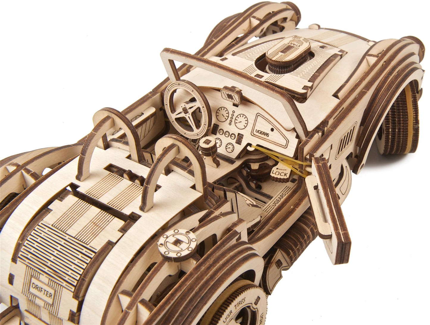 UGEARS Drift Cobra Racing Car Puzzle - Wooden 3D Puzzles for Adults to Build with Powerful Spring Motor - Wood Mechanical Models Building Kit for Fathers Day - Retro Hobbies for Men - 370 Pcs