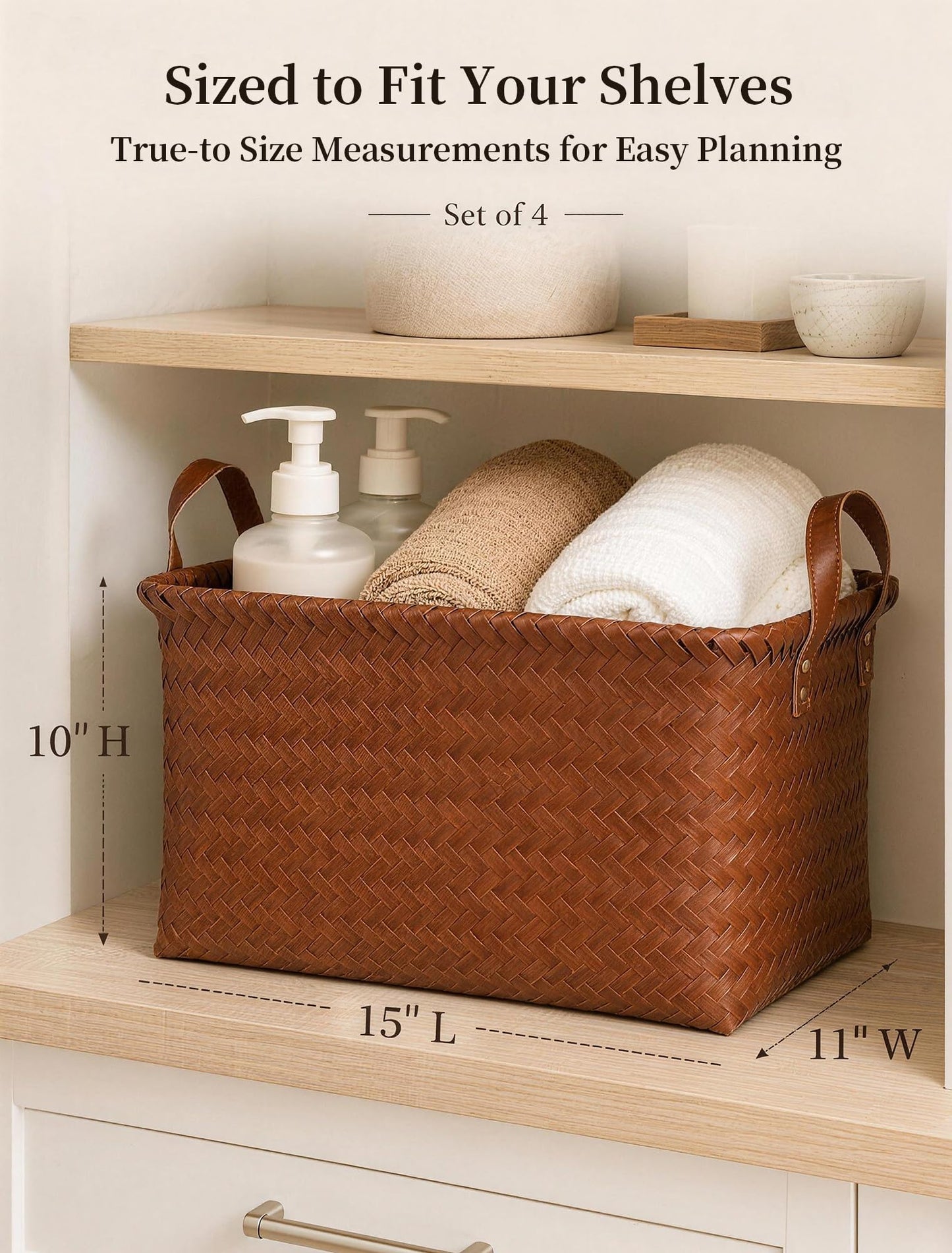 Panovox Hand Woven Baskets for Storage, 4Pcs Water-Resistant Wicker Baskets, Brown Wicker Storage Baskets for Shelves, Large Basket with Handle for Organizing, Clothes, Laundry, Blanket - Rectangular