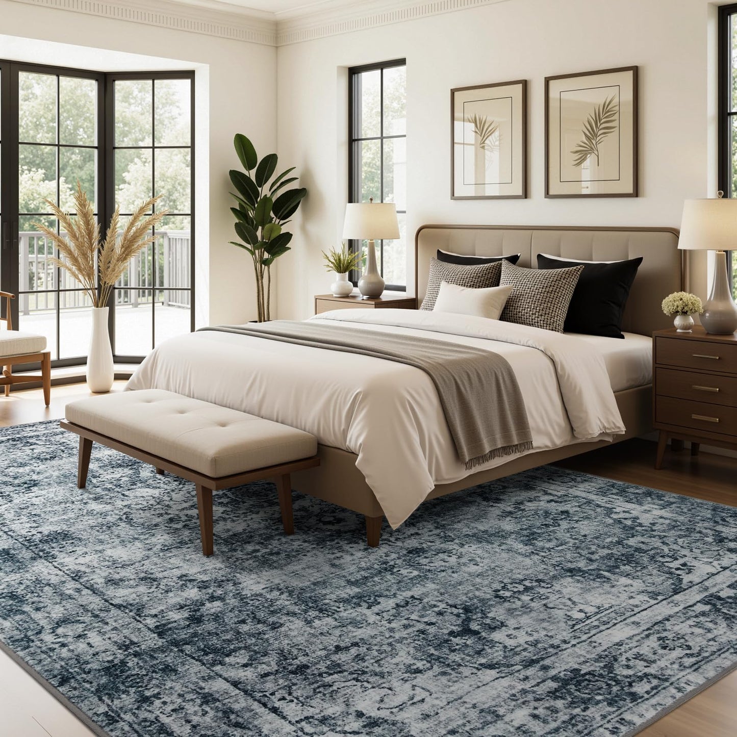 Joydeco 5x7 Area Rugs for Living Room, Machine Washable Vintage Area Rugs, Low Pile Non Slip Carpet, Lightweight Chenille Print Rug for Bedroom, Dining Room, Home Office, Light Grey