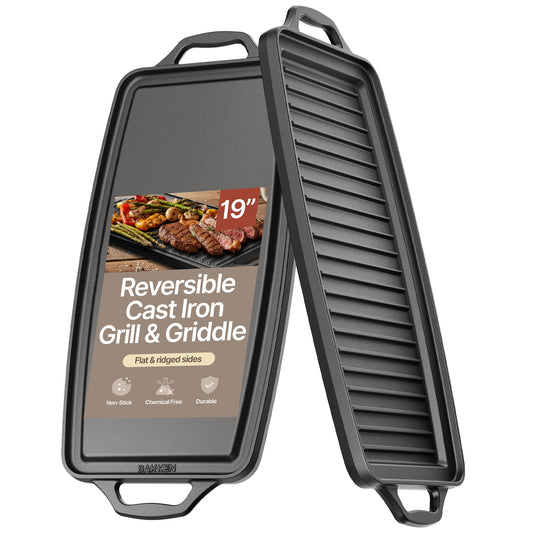 Bakken 19” Reversible Cast Iron Griddle, Flat & Grill Side, Dual Burner Cooking Plate for Pancakes, Meats & Veggies, Pre-Seasoned, Nonstick, Oven & Campfire Safe, Heavy-Duty Griddle Top with Mitt