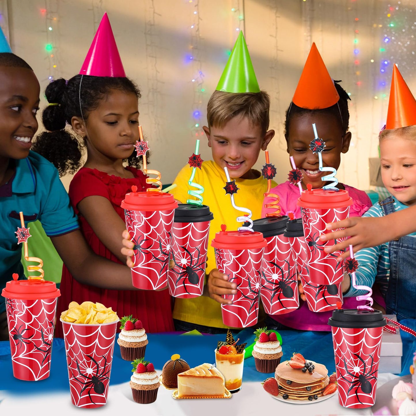 Maxcheck 36 Sets Spider Party Favors Goodie Cups with Lids and Straws for Birthday Decorations 36Pcs 16oz Plastic Cups Reusable Plastic Straws for Birthday Party (Spider)