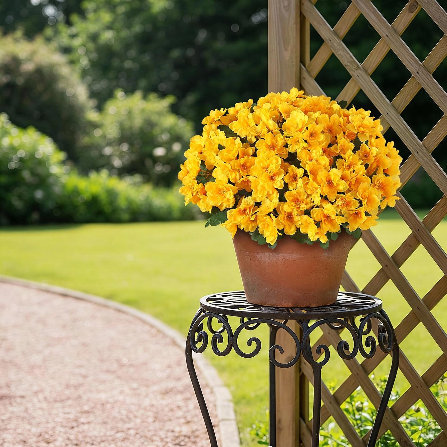 YXZZWL Set of 2 Artificial Azalea Flower Topiary Trees - Fake Silk Flower Potted Plants, Sun-Resistant Faux Outdoor Azalea Bushes for Front Door, Garden, Yard, Farmhouse Decor (Yellow)