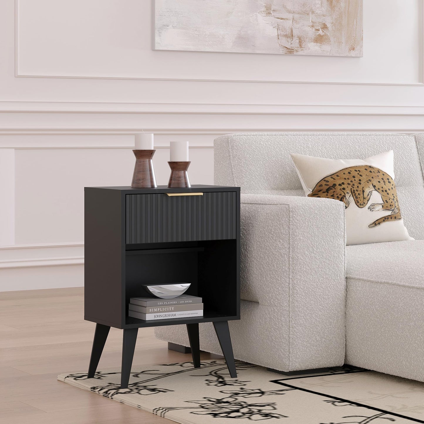YAUKOMEL Fluted Night Stand with Opening Storage,Mid Century Bedside Table with Drawer,Black Nightstand with Wood Legs,End Table Side Table for Living Room,Bedroom,11.8" Dx15.7 Wx 25.2" H CTG56BK