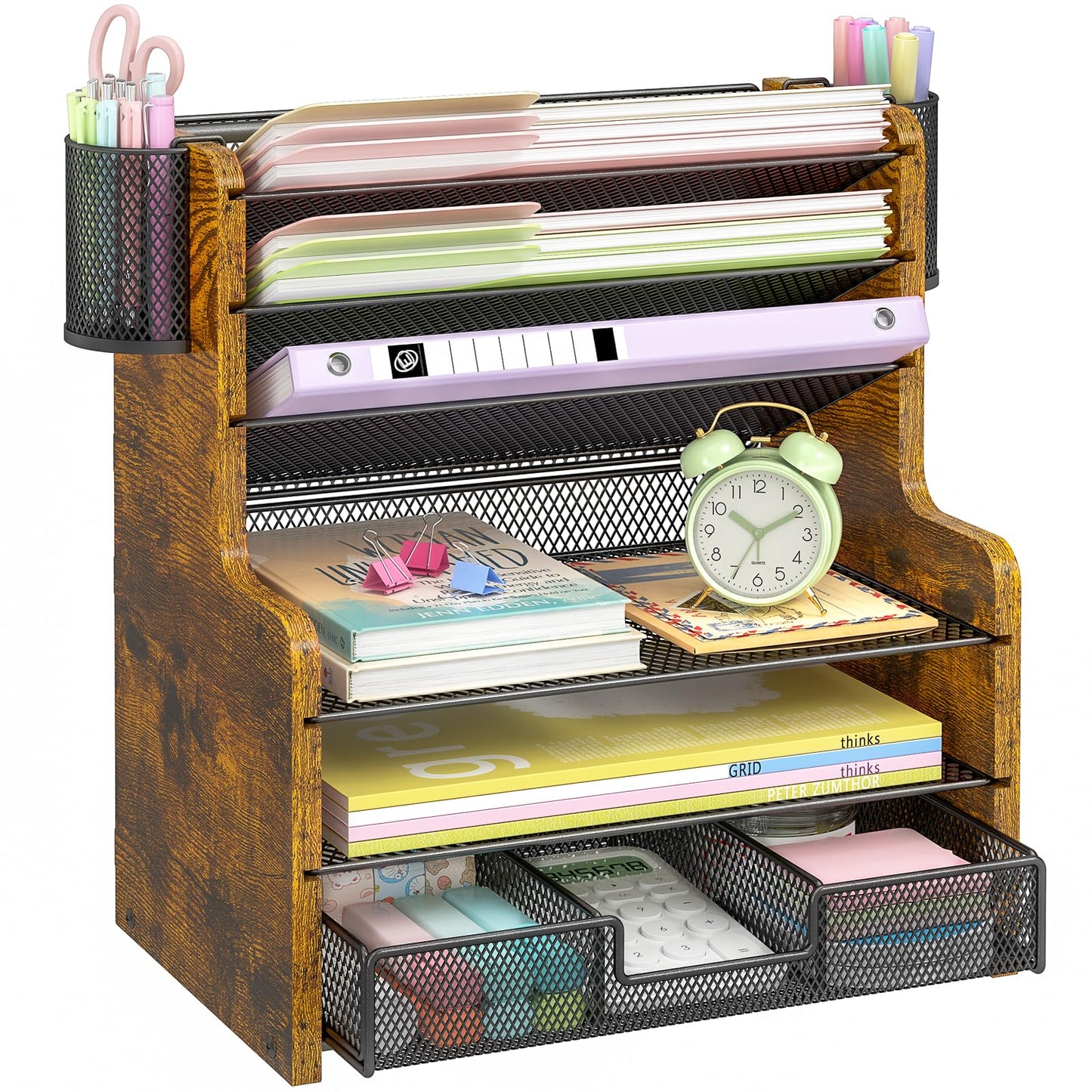 DAOUTIME 6-Tier Mesh Desk Organizer with Drawer, Wooden Office Organizer for Papers, Folders & Office Supplies - Sturdy Desktop File Holder with 2 Pen Holders - Space Saving Home Office Accessories