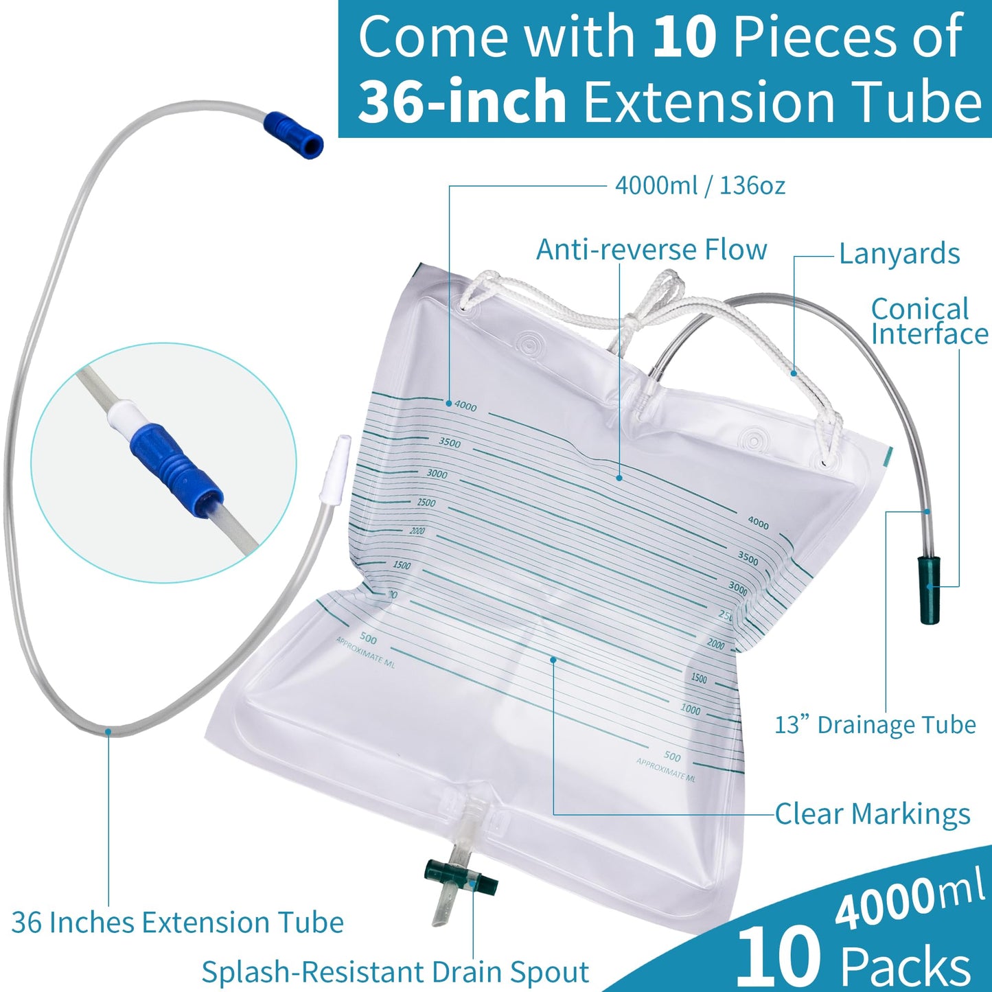 VWJ 10 Packs Urinary Drainage Bags, 4000mL Urinary Bags with 10PCS 36-inch Extension Tubes, Large Volume Anti-Reflux Drain Bags, Overnight Collector Urine Bags for Health Aids