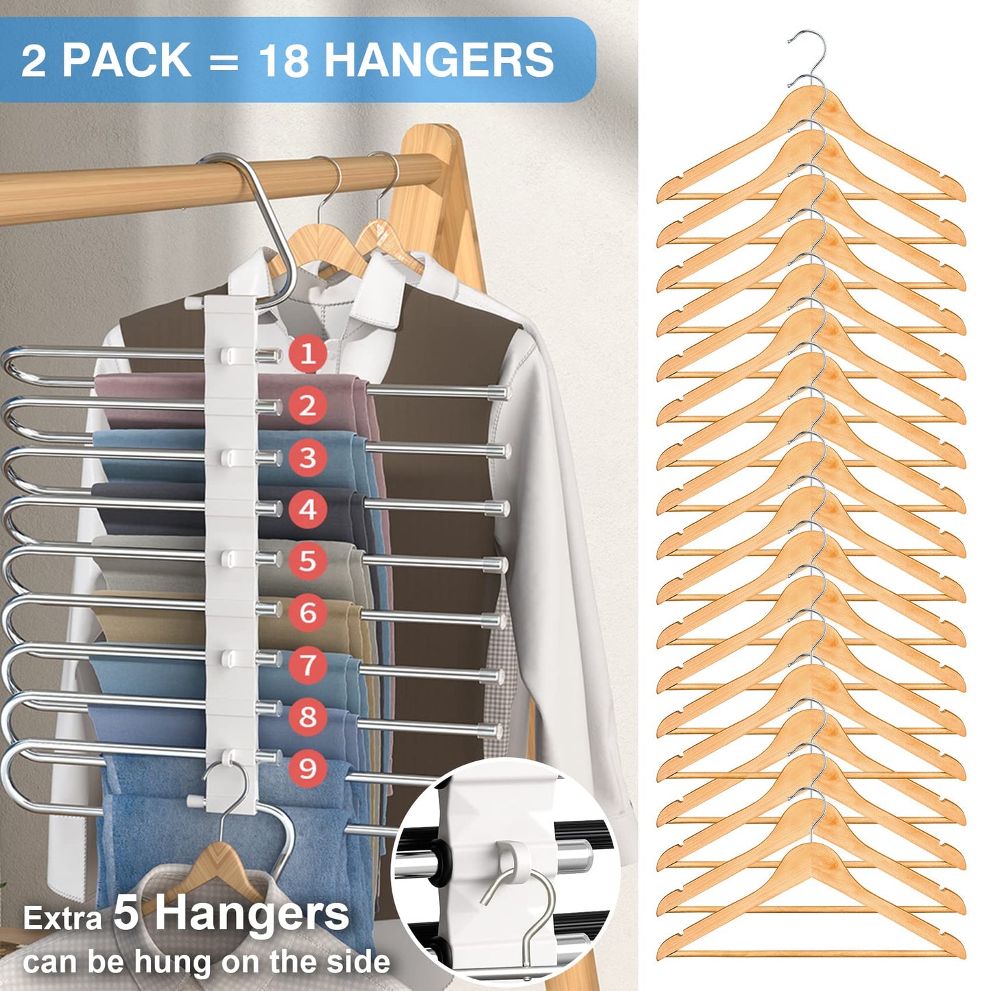 Upgrade 9 Layers Pants Hangers Space Saving, Non Slip Stainless Steel Multifunctional Pants Rack S-Type Clothes Pant Closet Hanger Organizer for Pants Jeans Trousers Scarf Skirts(4 Pack, Antiquewhite)
