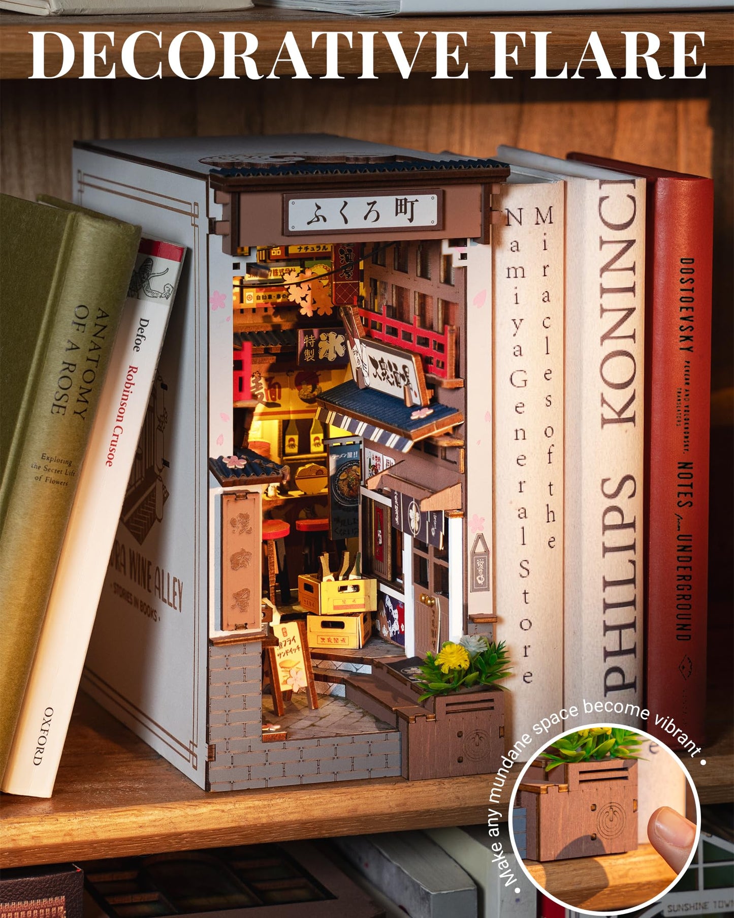 ROBOTIME Book Nook Kit DIY Miniature House Kit for Adults 3D Wooden Puzzle Bookends Bookshelf Diorama Insert Dollhouse Creative Decorative Unique Gifts for Teens and Beginners (Sakura Wine Alley)