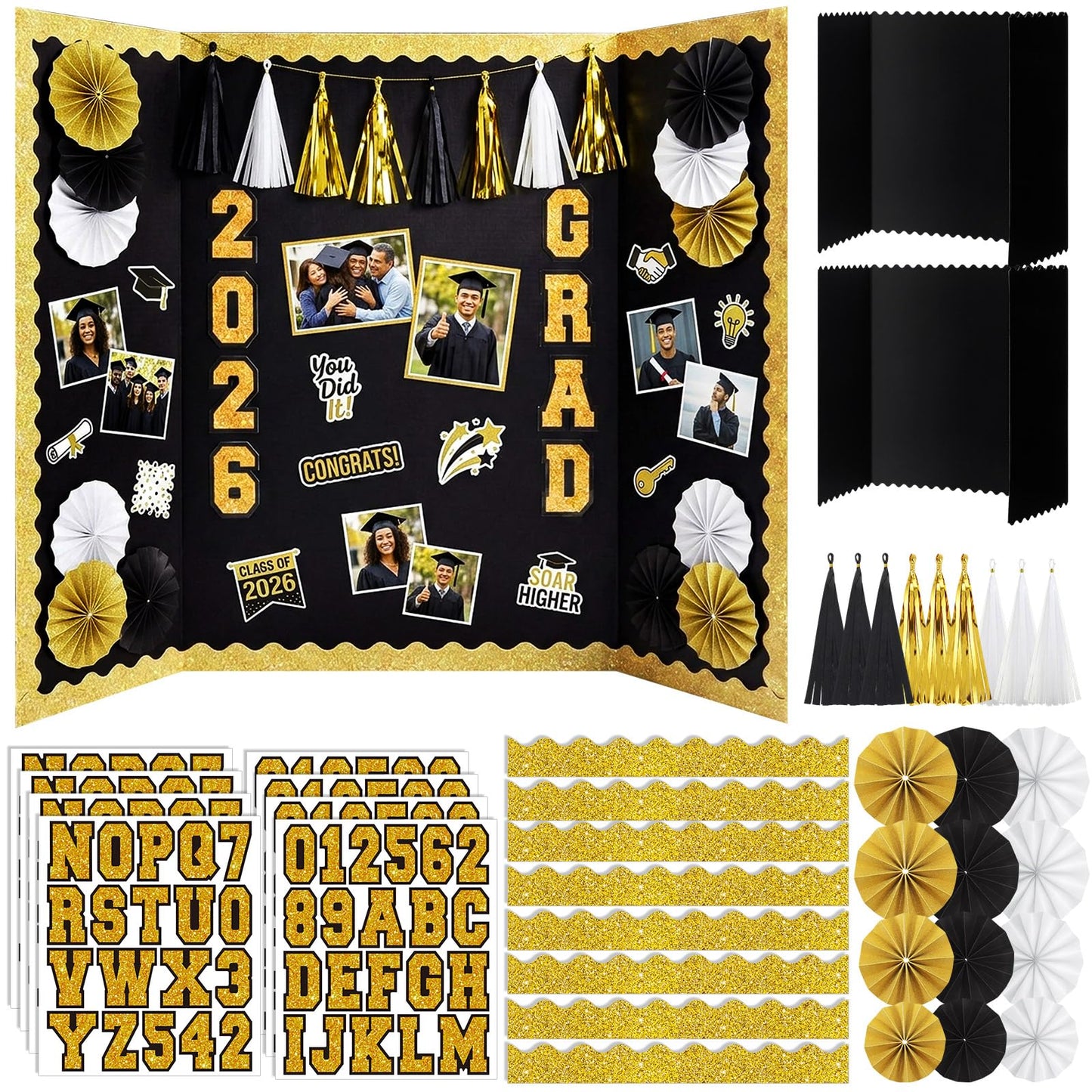 FunooFuno 31 Pcs Graduation Photo Display Board Decoration 40"x28" Trifold Poster Board Graduation Themed Stickers Grad Fan Tassel Garland for 2026 Grad Party College Picture Frame(Black Gold Silver)