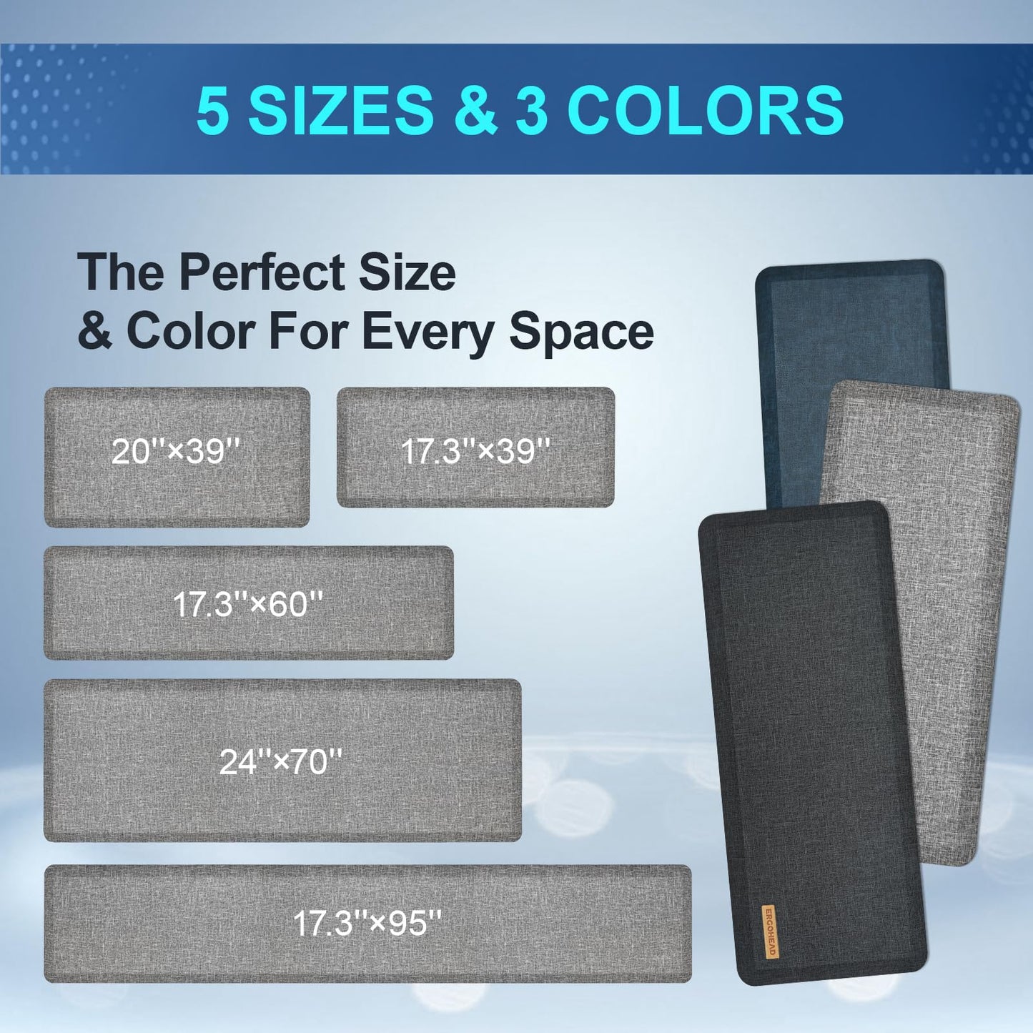 Ergohead Anti Slip 3/4 inchs Anti Fatigue Kitchen Floor Mat, Ergonomic Comfort Standing Mat, Waterproof Kitchen Runner for Home, Kitchen, Office, Laundry, Garage (Light Gray, 24" x 70" -0.75")