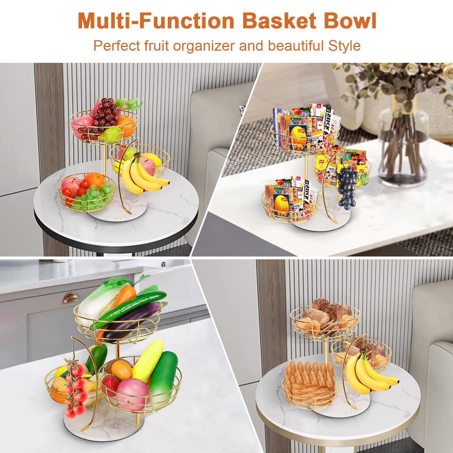 Livabber Fruit Basket Bowl with Banana Hanger, Metal Fruit Vegetable Storage Basket with Banana Holder for Kitchen Counter, Detachable Organizer for Bread Snack Produce (Gold, 3-Tier Marble Base)