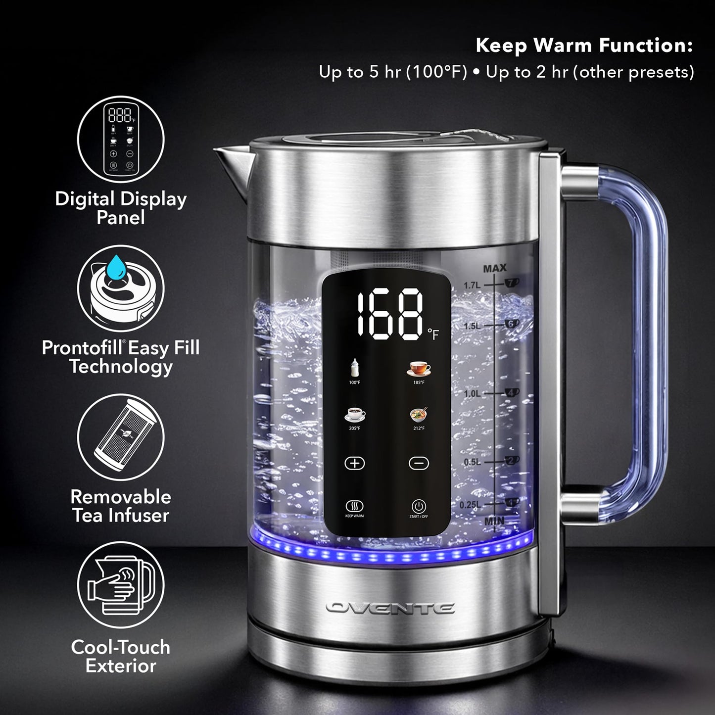 OVENTE Digital Glass Electric Tea Kettle 1.7L with Color-Changing LED Lights Temperature Control, Double-Wall Cool Touch, 4 Presets, Keep Warm, Tea Infuser & Boil-Dry Protection, Silver KGD913S
