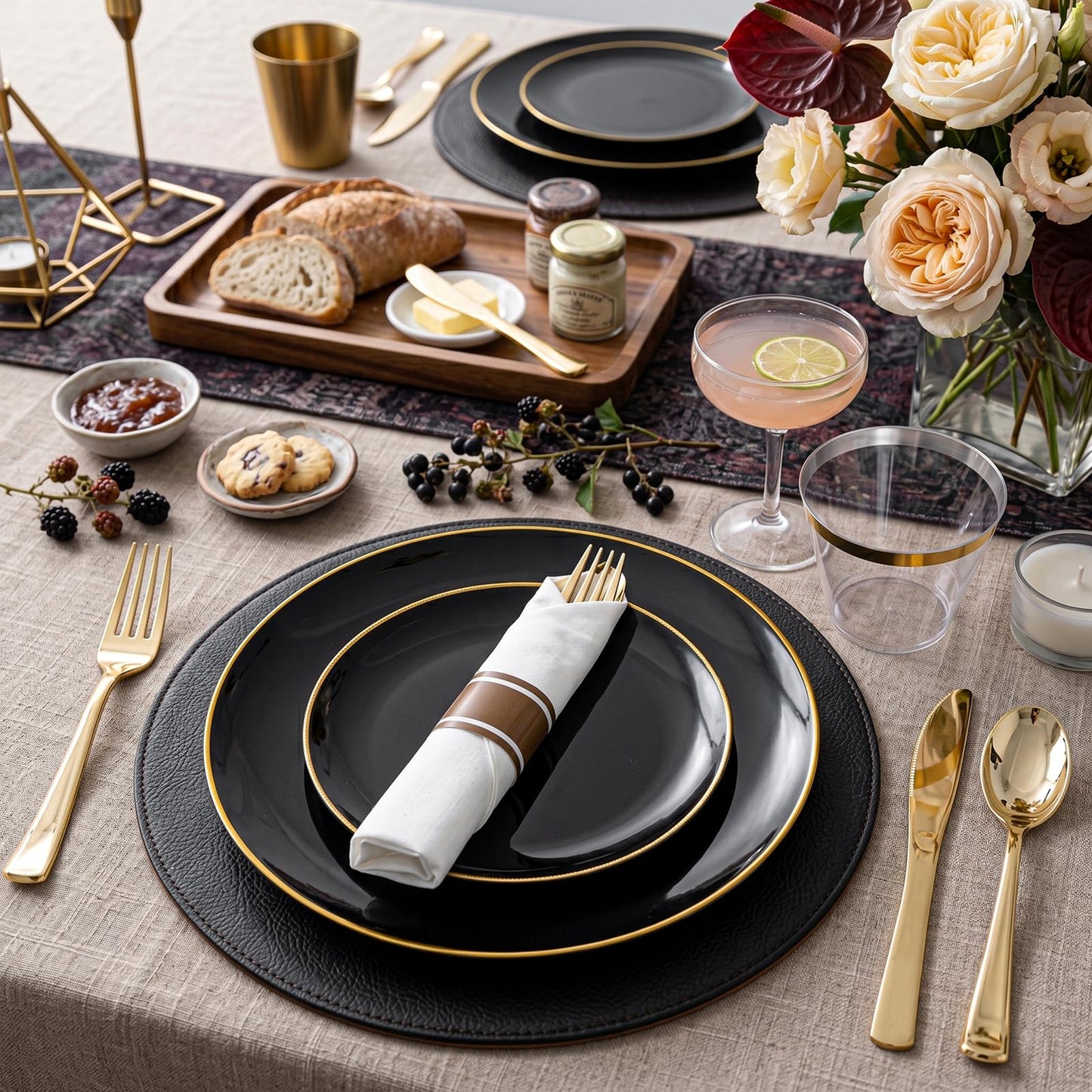 KIRE 200Pcs Black Plastic Plates - Black and Gold Plates Disposable for Party - Include 100 for Dinner and 100 for Dessert for Birthday/Wedding/Graduation/Father's Day