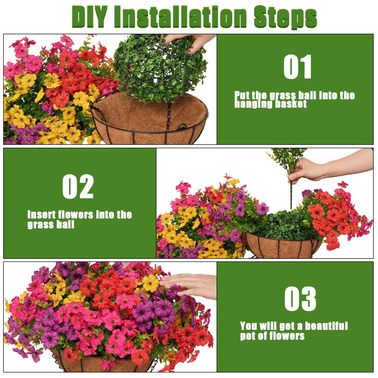 secqous 2 Set Artificial Outdoor Flowers with Hanging Basket, 2 Hanging Planters with 24 Pcs Flowers for Garden Porch Patio Balcony Yard Home Decoration
