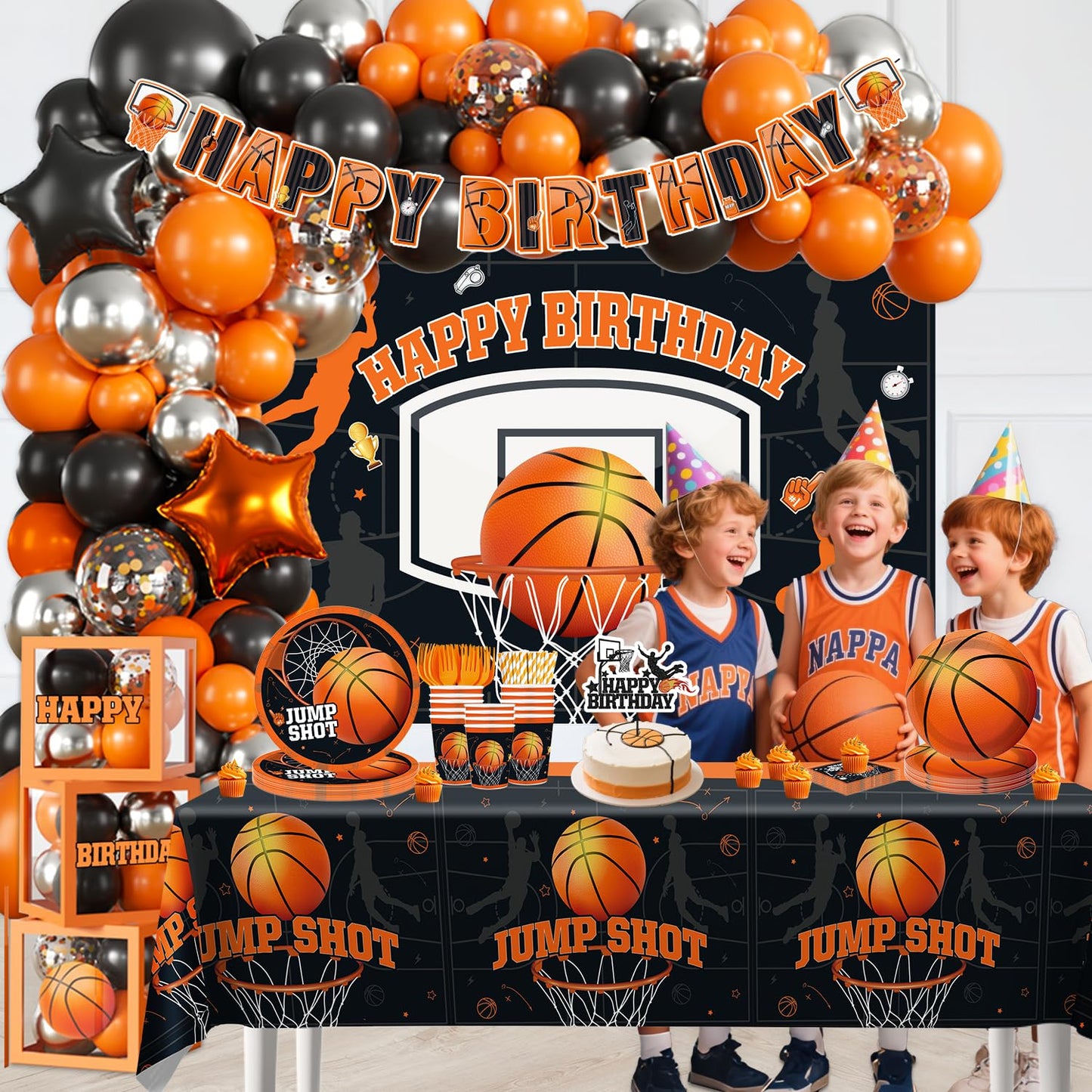 Fexivo 241pcs Basketball Party Decorations, All-in-one Party Set with 20 Serves Disposable Plates, Banner, 2 Tablecloths, Backdrop for Basketball Birthday Party Decorations