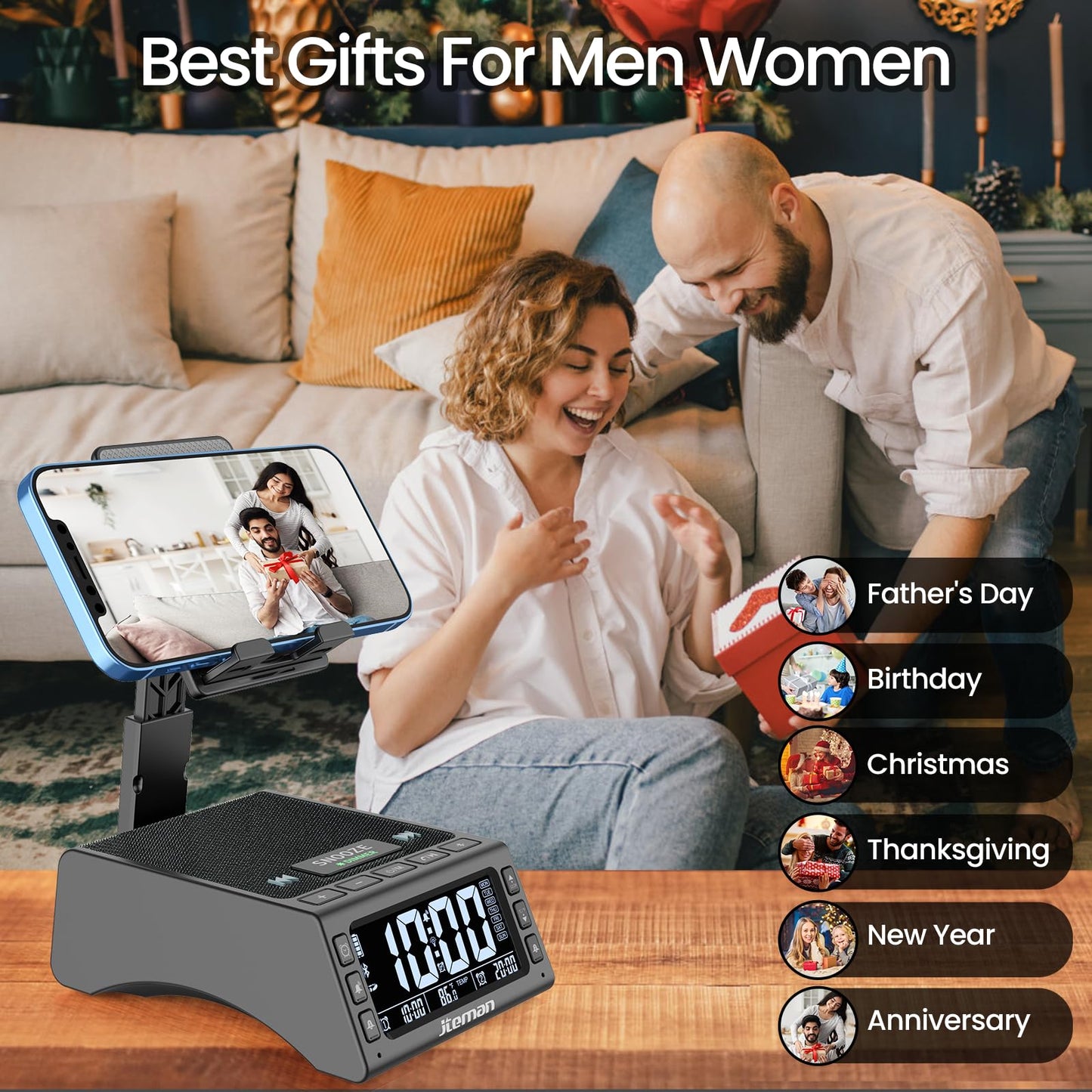 JTEMAN Gifts for Men Women,Cell Phone Stand with Wireless Bluetooth Speaker,Adjustable Cool Tech Kitchen Gadgets,Unique Birthday Gift Idea for Him, Husband, Boyfriend（Black）