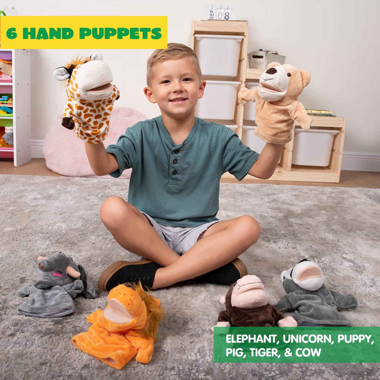 JOYIN 6Pcs Kids Hand Puppet Set with Working Mouth, Toddler Animal Plush Toy Includes Elephant, Giraffe, Lion, Bear, Raccoon and Monkey for Show Theater, Birthday Gifts, Easter Basket Stuffers