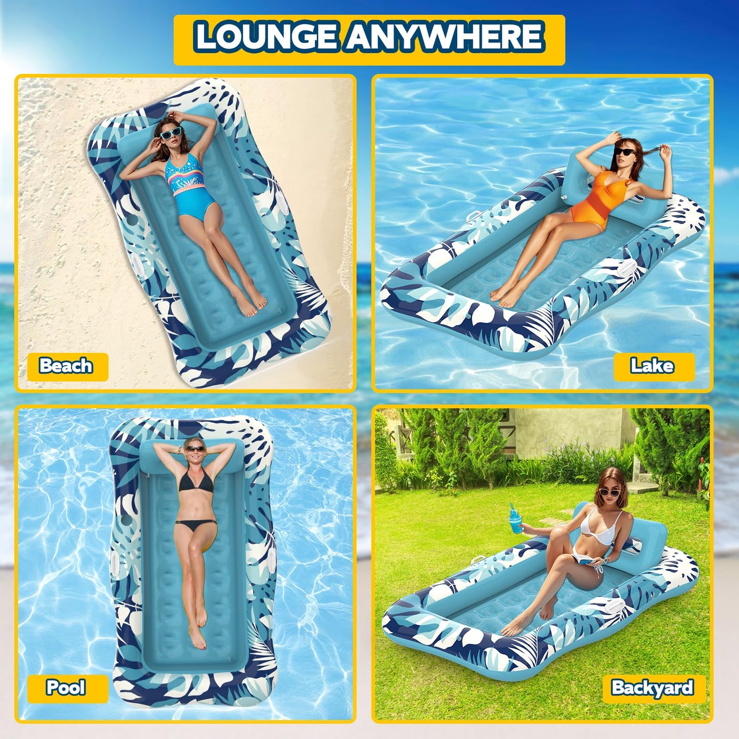 Pool Floats Adult,76" x 48" Inflatable Tanning Pool Lounger Float with Pillow,4 in 1 Suntan Tub Sunbathing Raft Floatie Water-Filled Mattress Kids Pool Ball Pit,Perfect for Lake Water Party & Relax