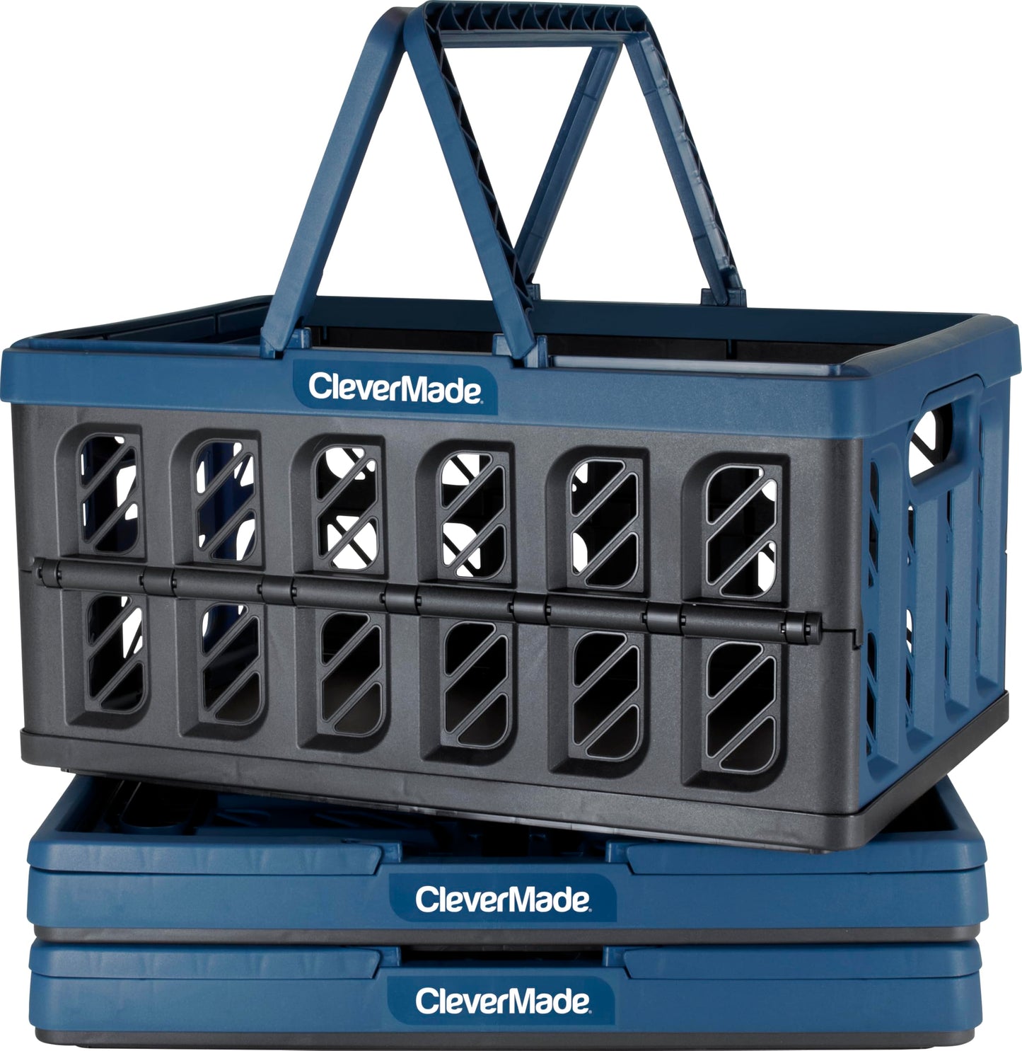 CleverMade Collapsible Shopping Basket, Ocean, 3PK - 24L (6 Gal) Reusable Plastic Grocery Shopping Baskets, Holds 25lbs Per Basket - Small Foldable Storage Crates with Handles