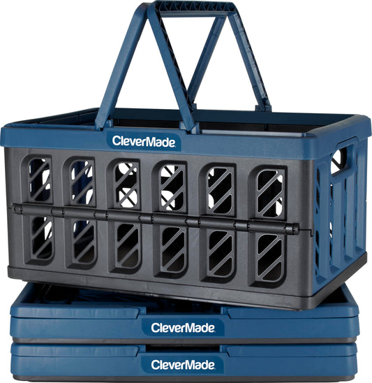 CleverMade Collapsible Shopping Basket, Ocean, 3PK - 24L (6 Gal) Reusable Plastic Grocery Shopping Baskets, Holds 25lbs Per Basket - Small Foldable Storage Crates with Handles
