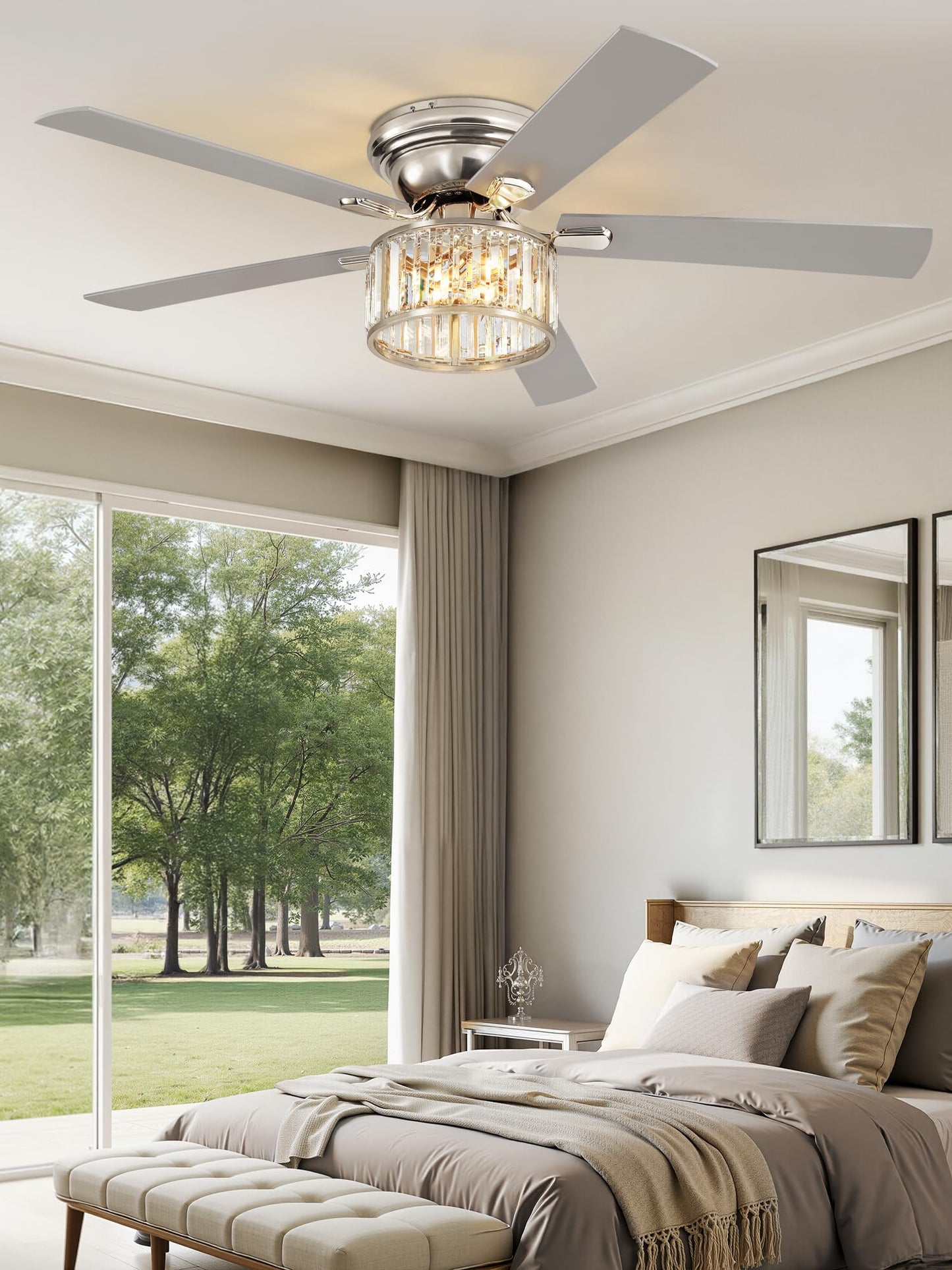 56 Inch Modern Crystal Chandelier Fan, Brushed Nickel Fandelier Ceiling Fan with Light, 6-Speeds, Quiet Reversible DC Motor, Flush Mount Ceiling Fan with Lights for Bedroom, Living Room