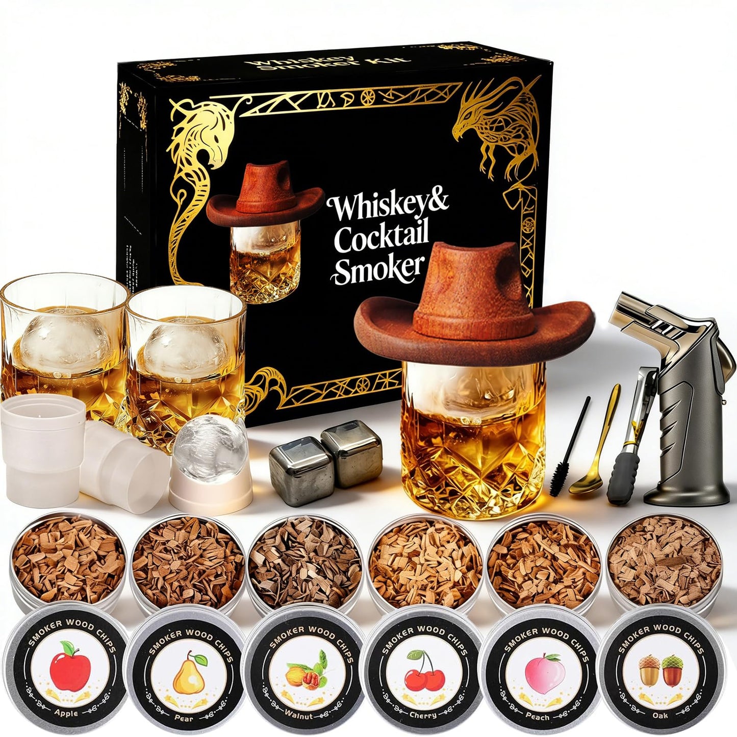 Whiskey Smoker Kit with Torch - 6 Flavors Wood Chips, 2 Metal Ice Cubes, 2 Glasses - Cocktail Smoker Infuser Kit, Old Fashioned Drink Smoker Kit, Birthday Whiskey Bourbon Gifts for Men,Dad(NO Butane)