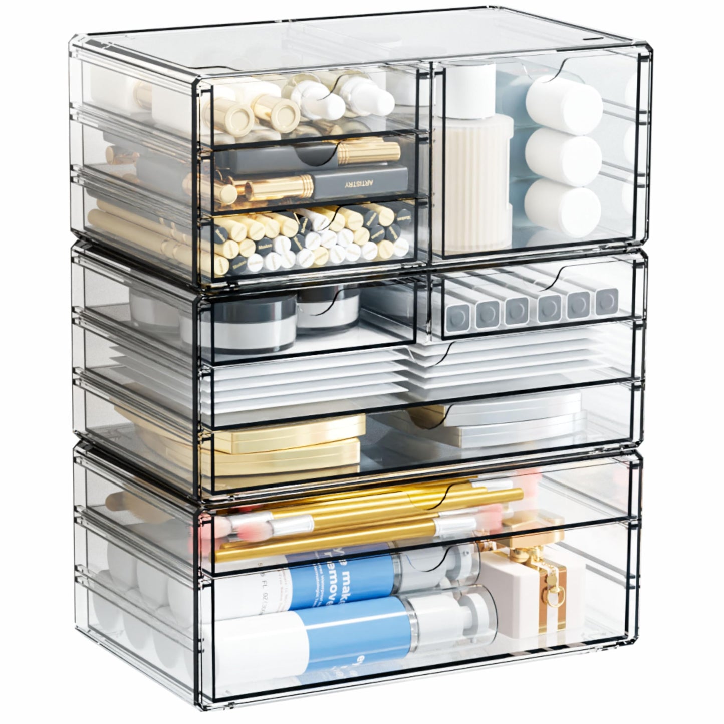 Yieach 3 Pack Clear Storage Drawers With 10 Drawers,Stackable 11.1” Large Acrylic Drawer Organizer and Makeup Organizer For Vanity,Bathroom Countertop,Cabinet,Pantry,Office Supply Storage Bins Drawers