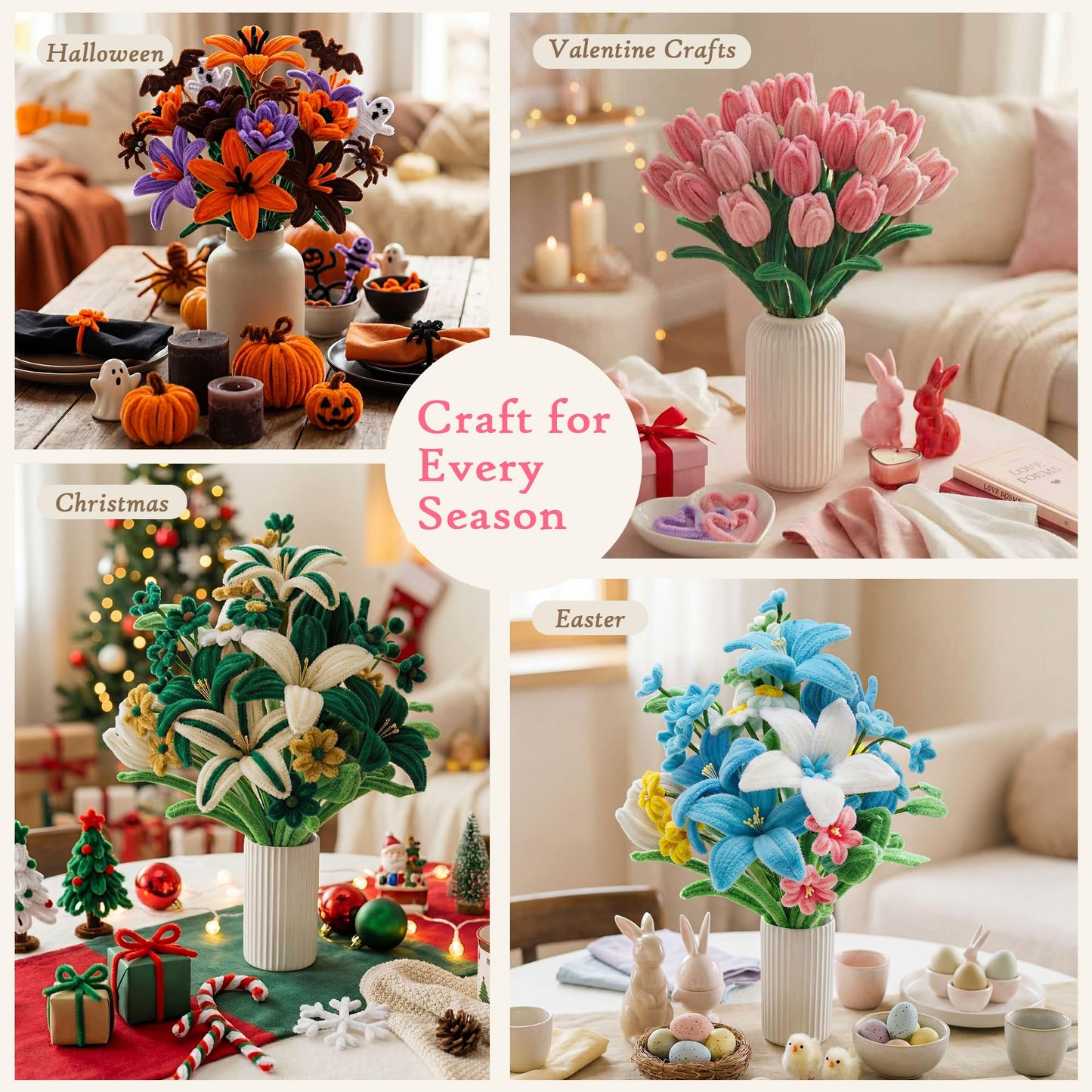700 Pieces Pipe Cleaner Flower Kit, 12 Colors Chenille Stems Craft Kit with Floral Wire, Tape, Stamen, Ribbon, Pearls & Wrapping Paper, DIY Pipe Cleaner Flowers for Crafts, Gifts, School Projects