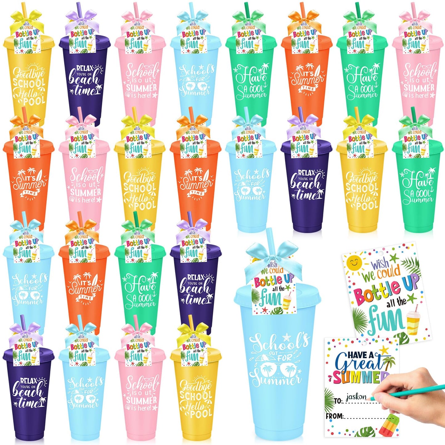 Teenyyou 24 Packs End of The Year Gifts for Student 24 oz Summer Plastic Cups with Lid and Straw Bulk Summer Graduation Reusable Tumblers with Cards for Pool Vacation Party Supplies(Classic)