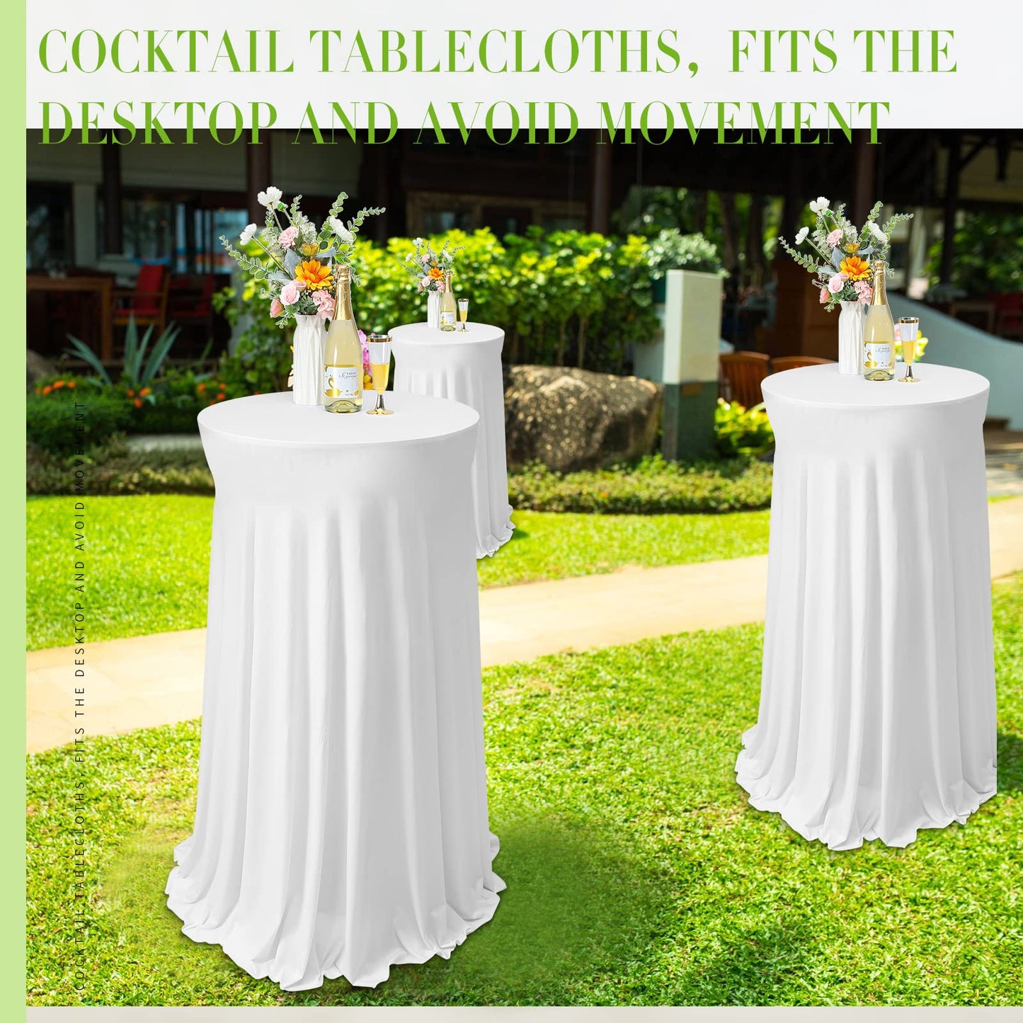 Tegeme 4 Packs Round Spandex Cocktail Tablecloths with Skirt 32 x 43 Inch Cocktail Round Table Cover Spandex Stretch Square Tablecloth Skirt for Table Bar Wedding Party Banquet (White)