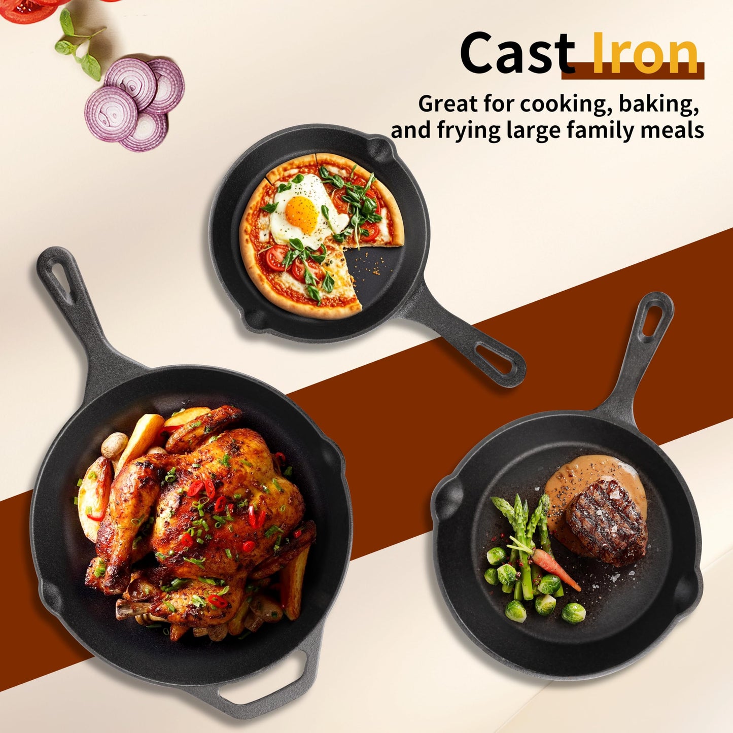 Cast Iron Skillet 3-Piece Set, 6", 8", 10" Frying Pans, Heavy-Duty Pre-Seasoned Pan Cookware Set, For Frying, Saute, Cooking, Pizza & More, Black