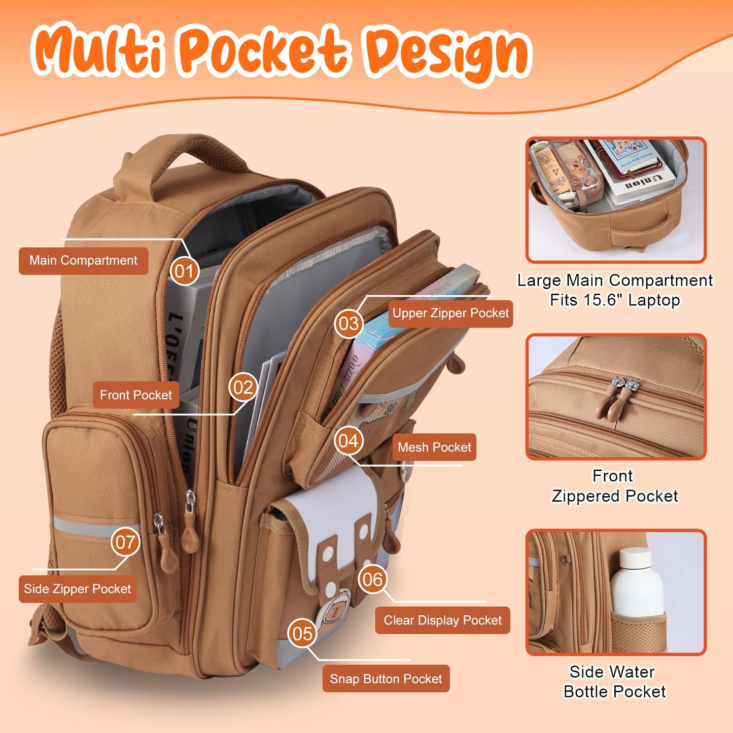 Capybara Backpack 24 Pcs Mochila Capibara Cute Kapibara Daypack Funny Going Out Cartoon Laptop Travel Casual Bag Gifts (Khaki)
