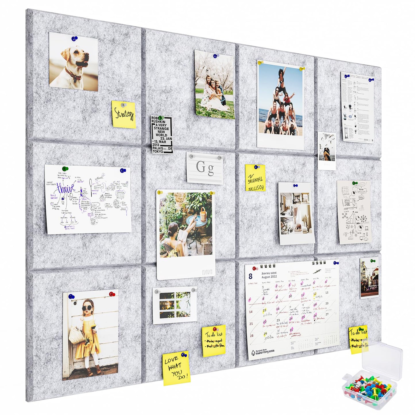 Uoisaiko Felt Cork Board for Wall: Extra Large Bulletin Board for Office - 12 PCS Thick Corkboard Tiles Grey Pin Board Squares Adhesive