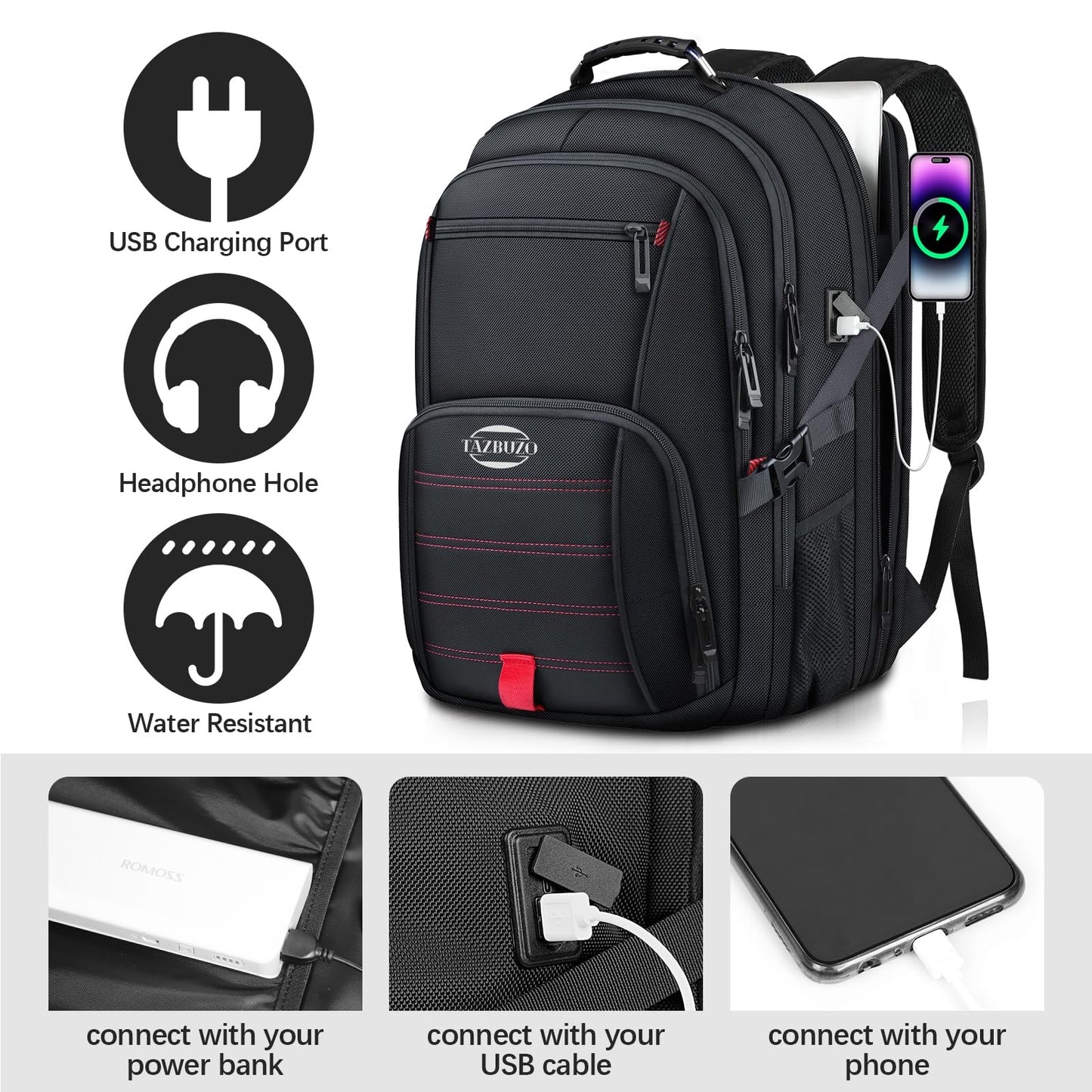 tazbuzo 18.4 Inch Travel Laptop Backpack,Extra Large Backpack, Laptop Backpack for Men, 55L Water Resistant TSA Airline Approved Business Work College School Computer Bag with USB Port
